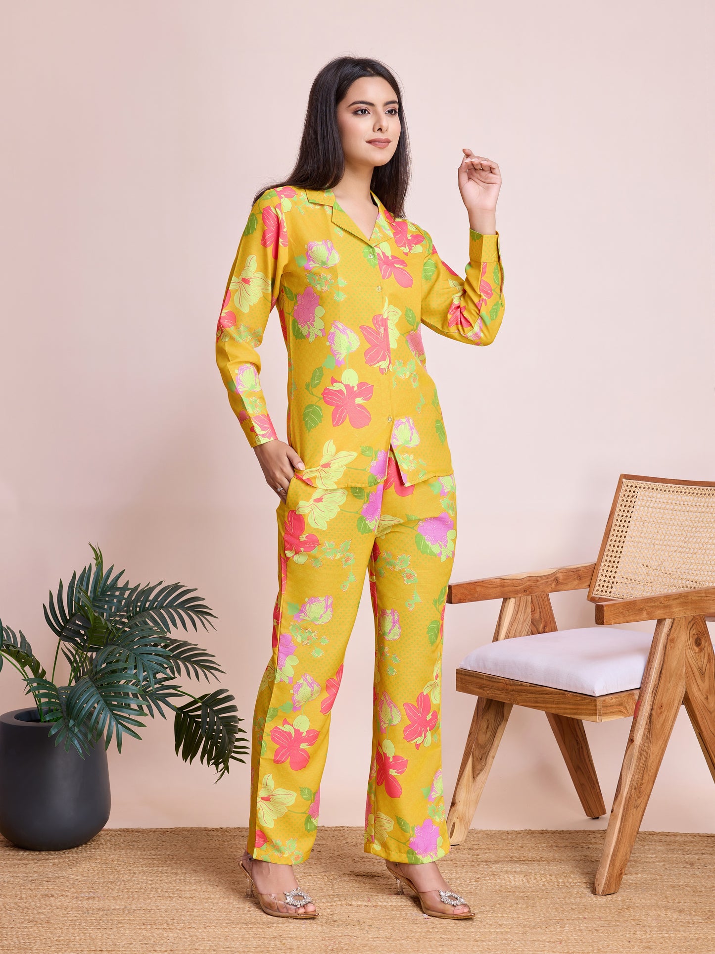 Mustard Yellow Floral Print Co-ord Set – Stylish Two-Piece Outfit for Women | Shop Now