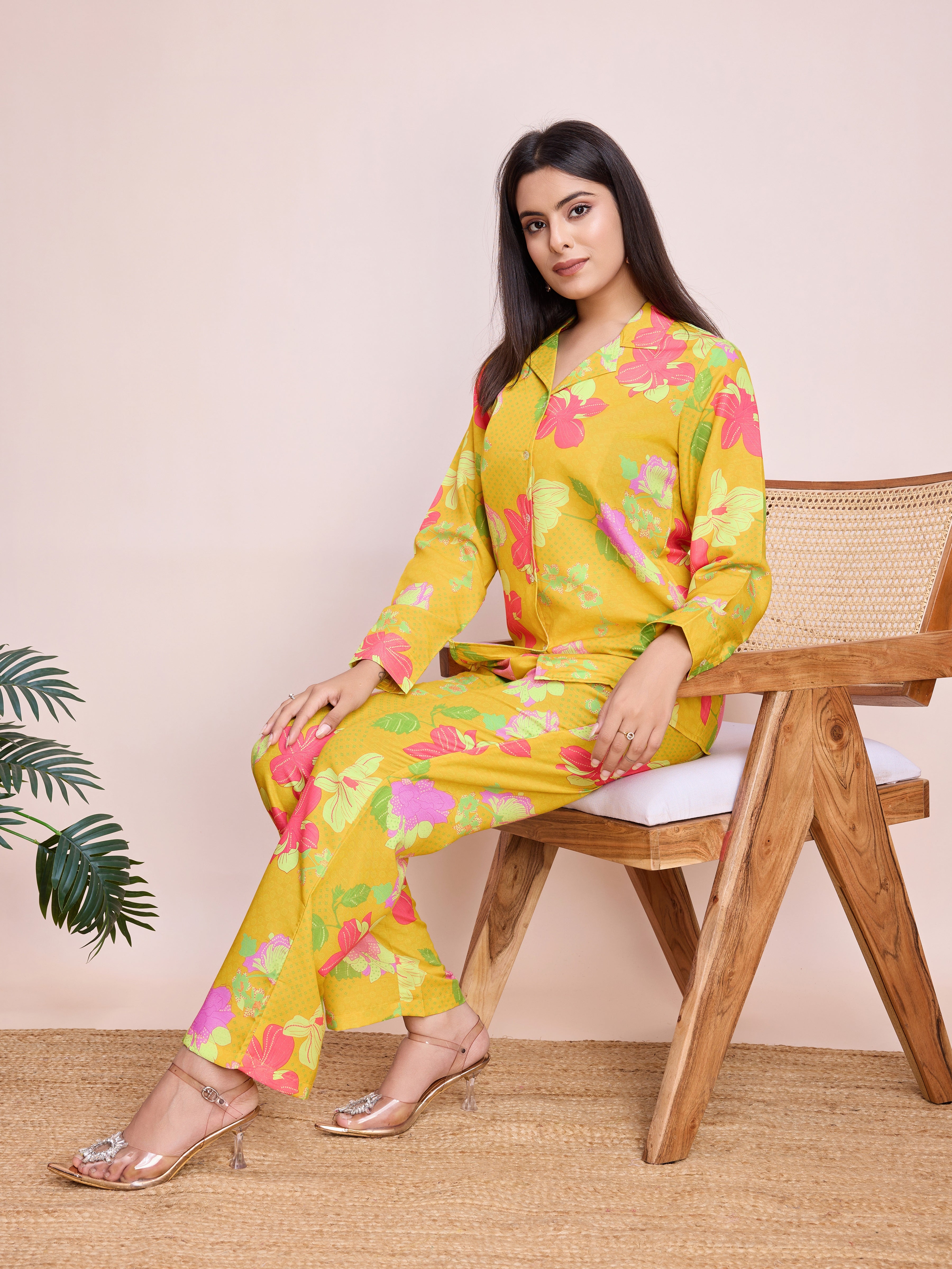 Mustard Yellow Floral Print Co-ord Set – Stylish Two-Piece Outfit for Women | Shop Now