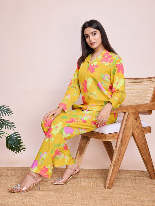 Mustard Yellow Floral Print Co-ord Set – Stylish Two-Piece Outfit for Women | Shop Now