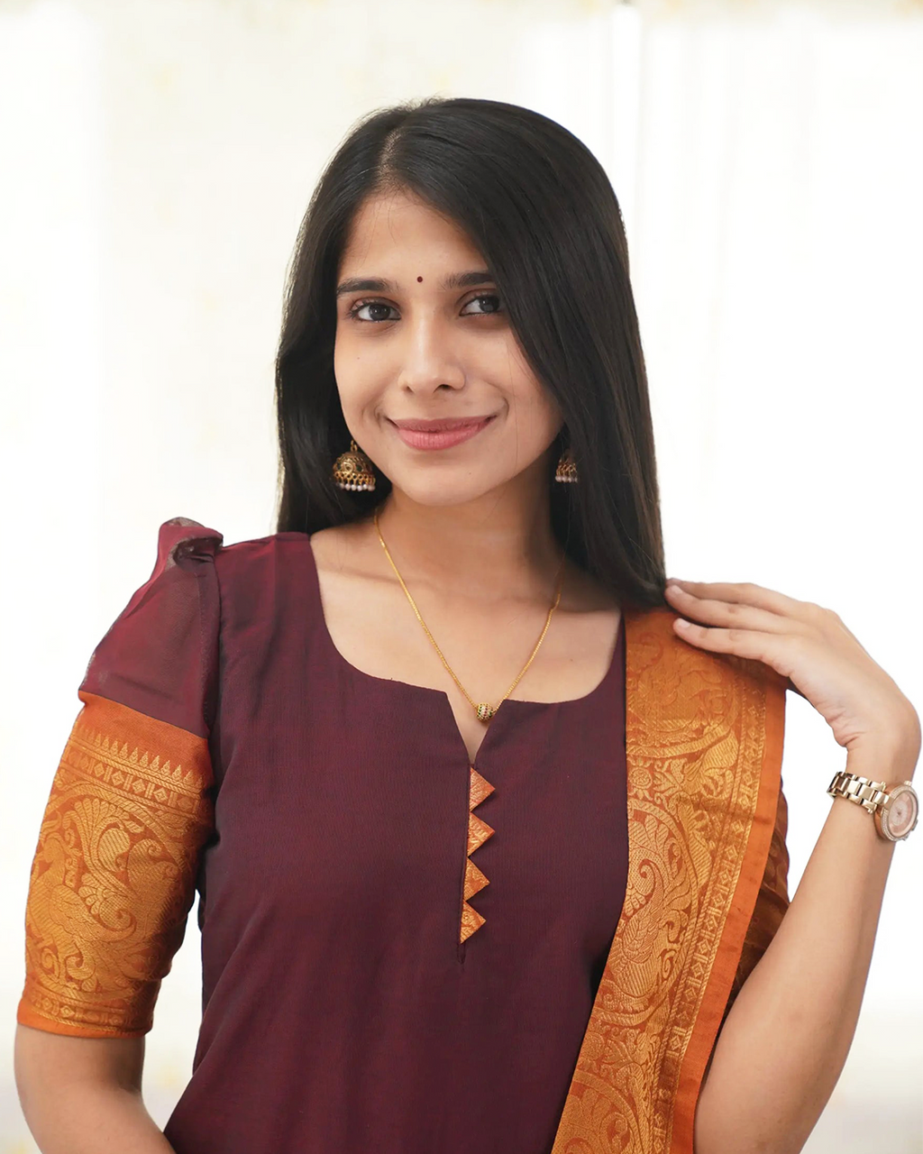 Maroon Kanchi Cotton Kurti with Golden Dupatta