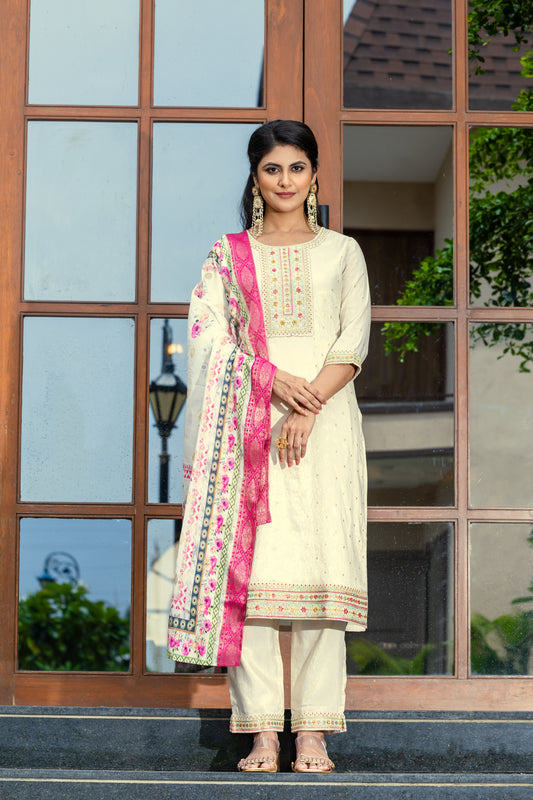 Elegant Cream Embroidery Kurta Pant Set