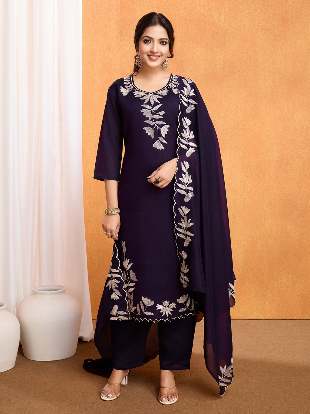 Purple Vichitra Silk Suit Set with Dupatta | Designer Sequence Work Kurta Set