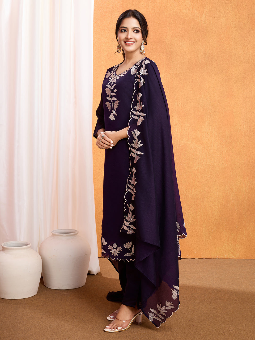 Purple Vichitra Silk Suit Set with Dupatta | Designer Sequence Work Kurta Set