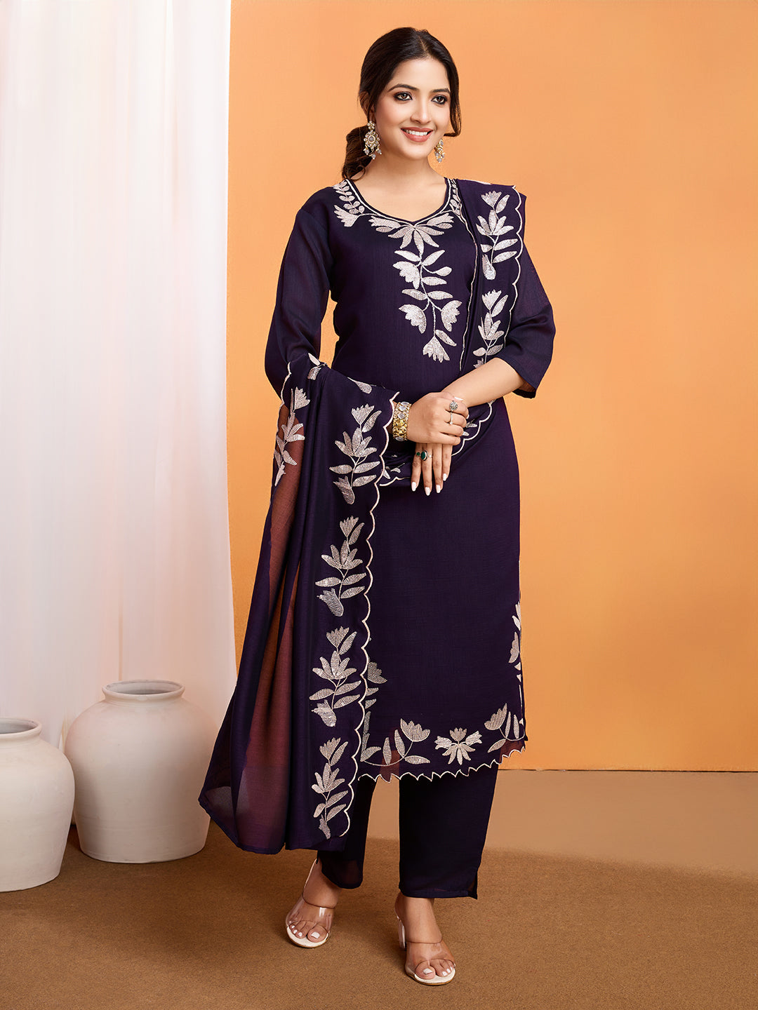 Purple Vichitra Silk Suit Set with Dupatta | Designer Sequence Work Kurta Set