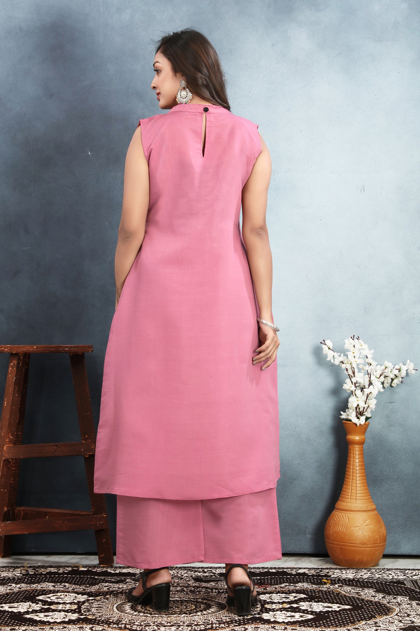 Pink Sequined Block Print Kurta Palazzo Set