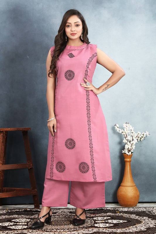 Pink Sequined Block Print Kurta Palazzo Set