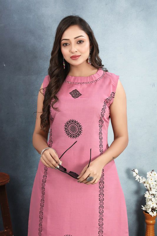 Pink Sequined Block Print Kurta Palazzo Set