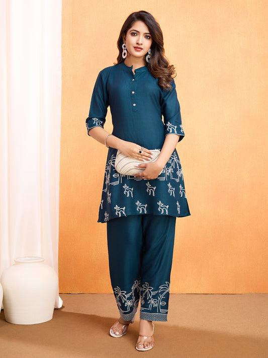 Cyan Blue Embroidery Work Co-Ord Set