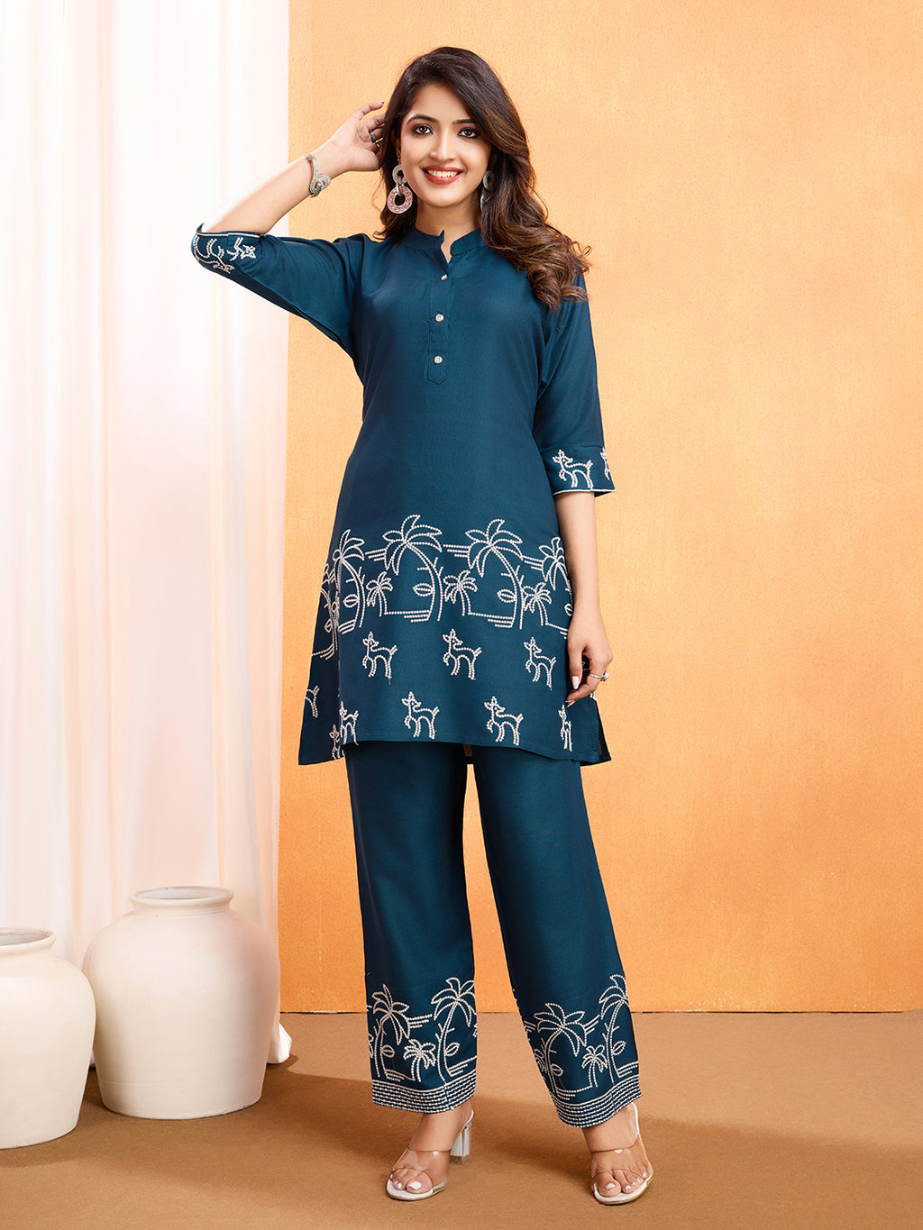 Cyan Blue Embroidery Work Co-Ord Set
