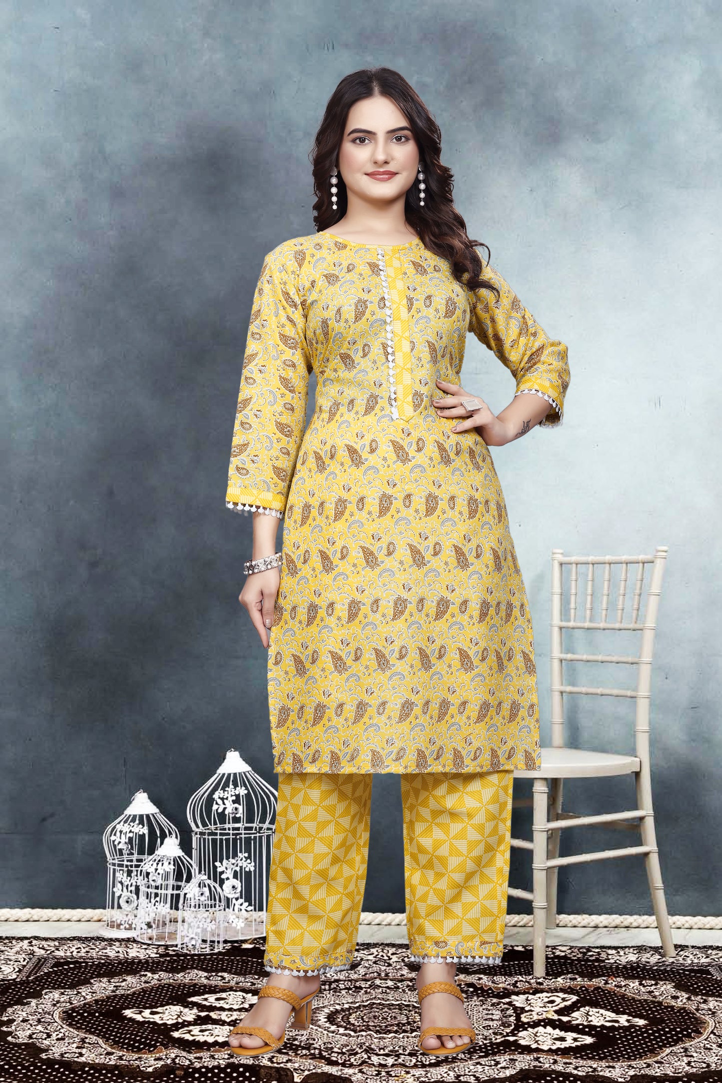 Mustard Yellow Floral Print Kurta Pant Set in Cotton