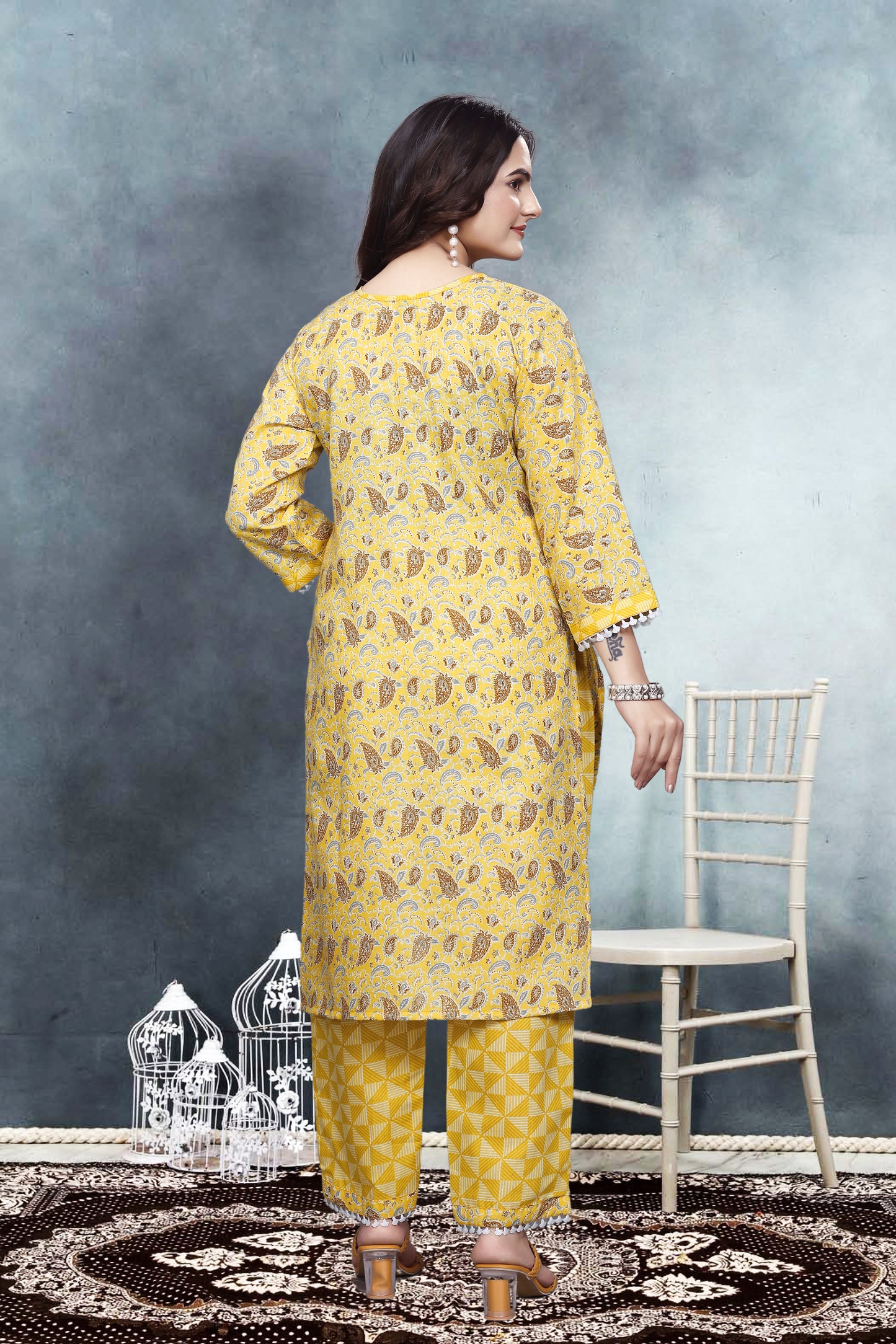 Mustard Yellow Floral Print Kurta Pant Set in Cotton