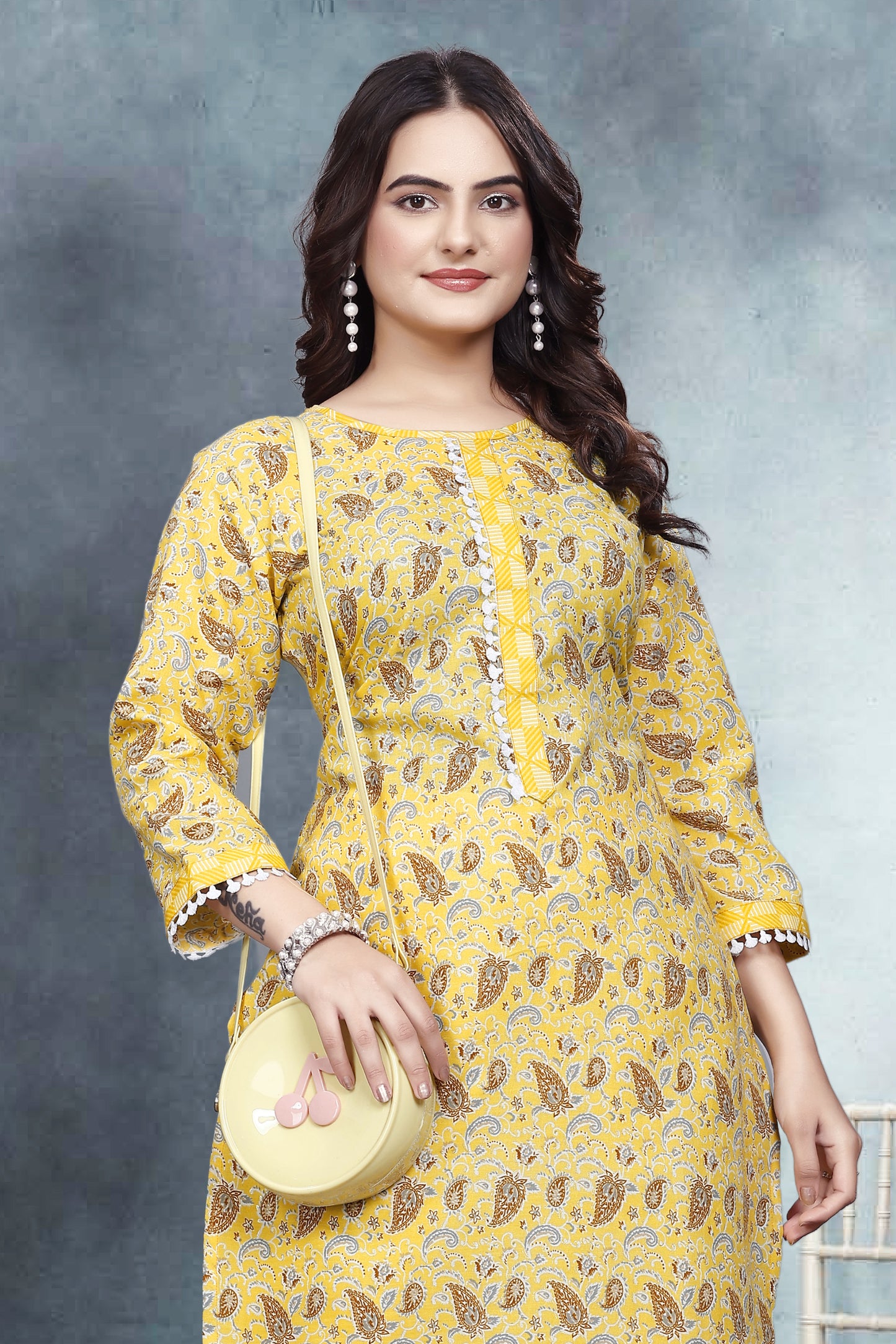 Mustard Yellow Floral Print Kurta Pant Set in Cotton