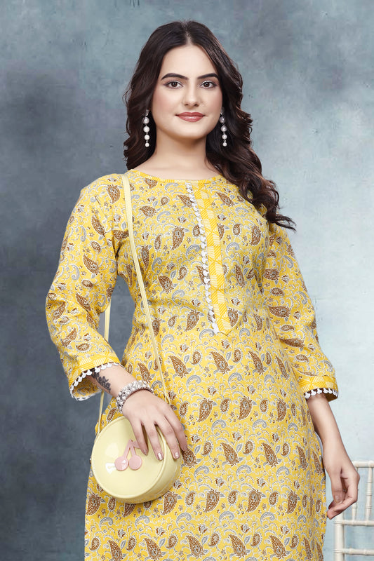 Mustard Yellow Floral Print Kurta Pant Set in Cotton