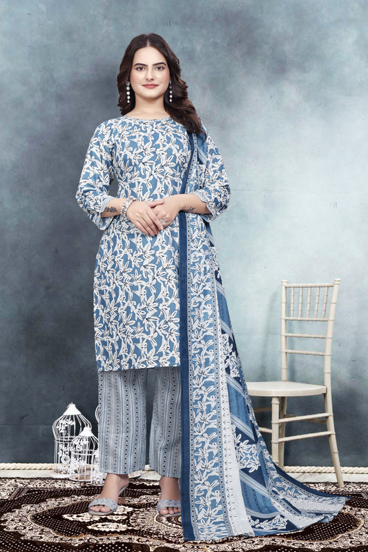 Elegant Blue Grey Ethnic Set – Kurta, Palazzo & Dupatta