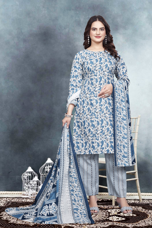 Elegant Blue Grey Ethnic Set – Kurta, Palazzo & Dupatta