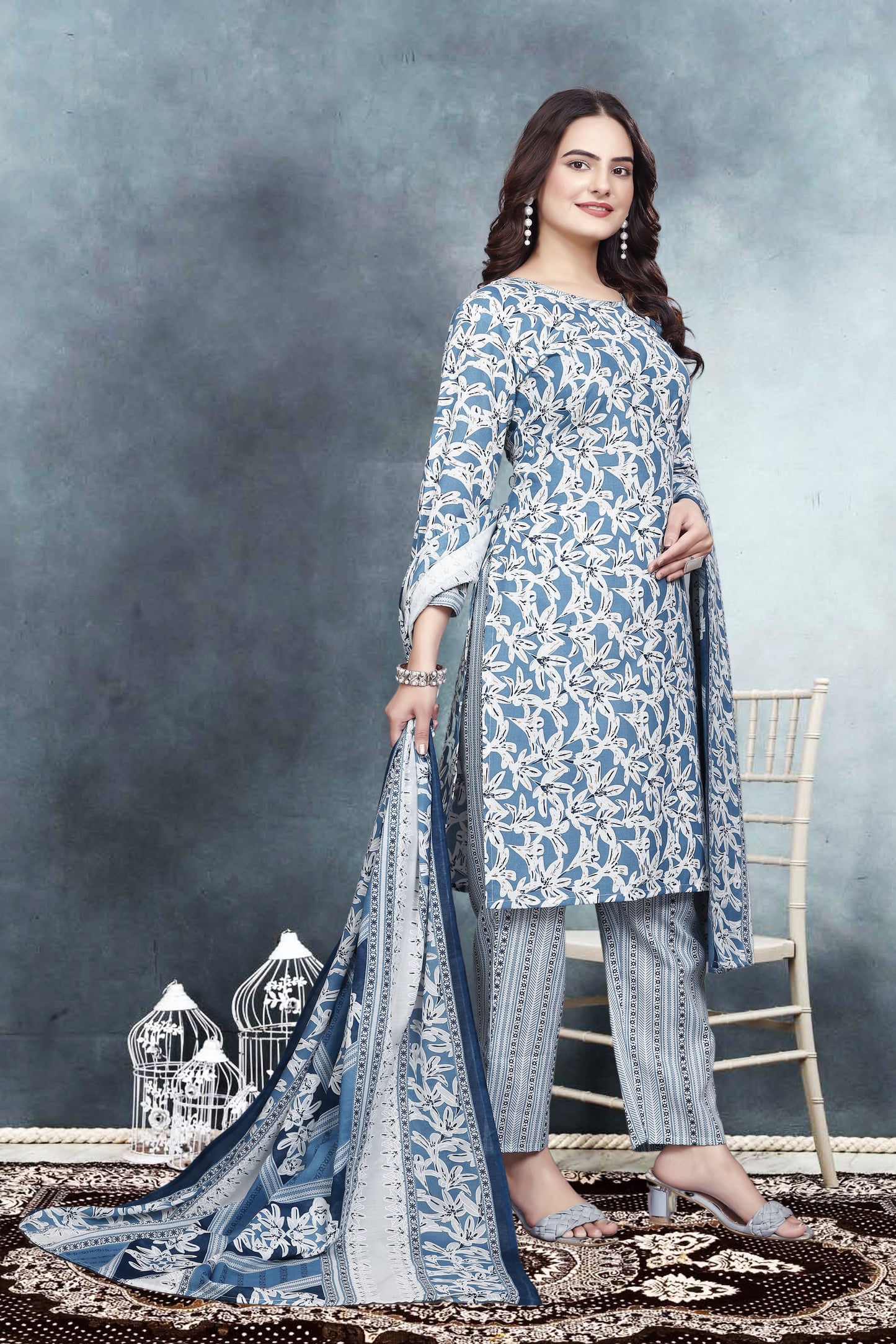 Elegant Blue Grey Ethnic Set – Kurta, Palazzo & Dupatta