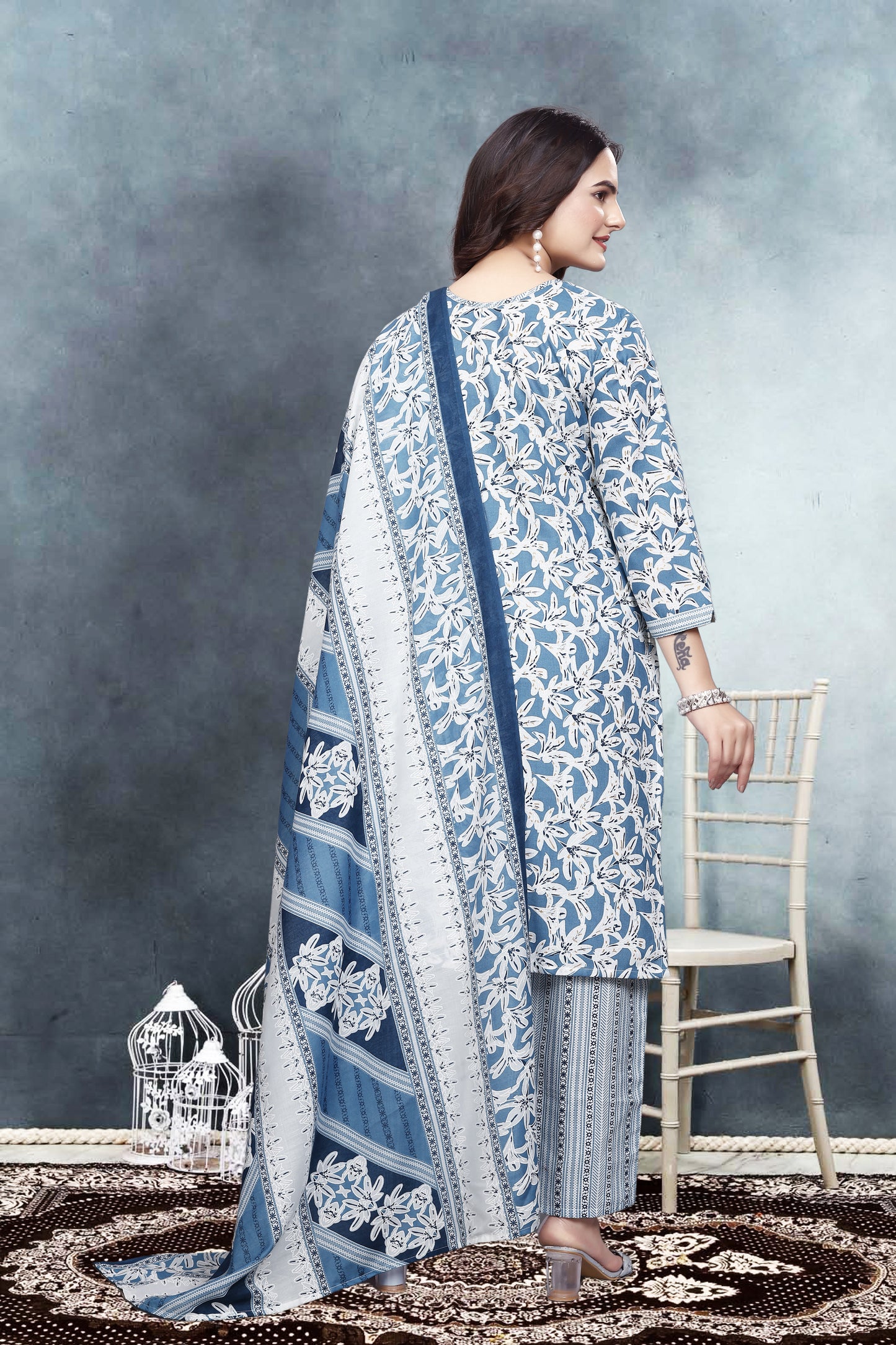 Elegant Blue Grey Ethnic Set – Kurta, Palazzo & Dupatta
