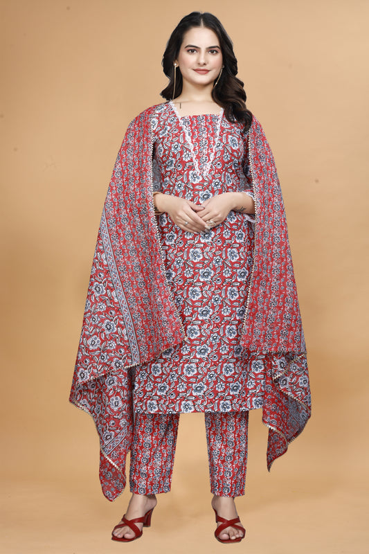 Red Cotton Kurta Pant Set with Floral Print & Dupatta