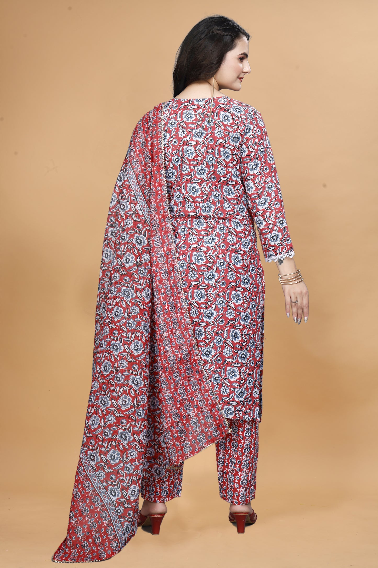 Red Cotton Kurta Pant Set with Floral Print & Dupatta