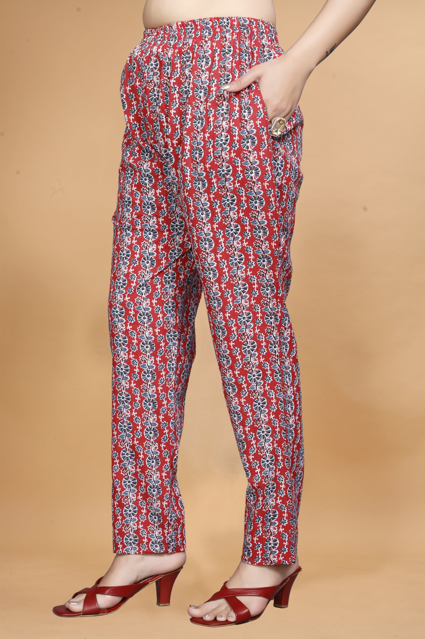 Red Cotton Kurta Pant Set with Floral Print & Dupatta