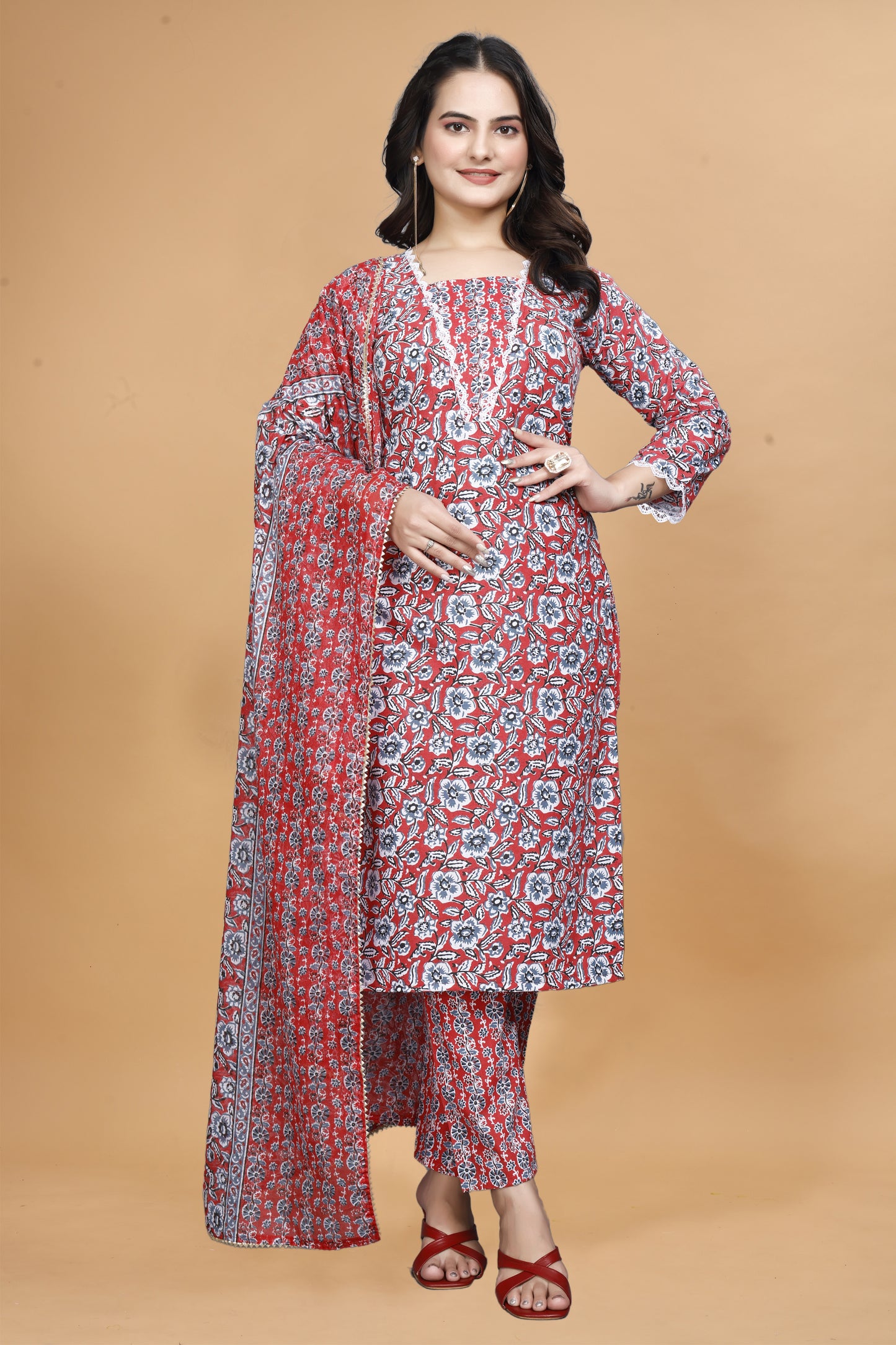 Red Cotton Kurta Pant Set with Floral Print & Dupatta