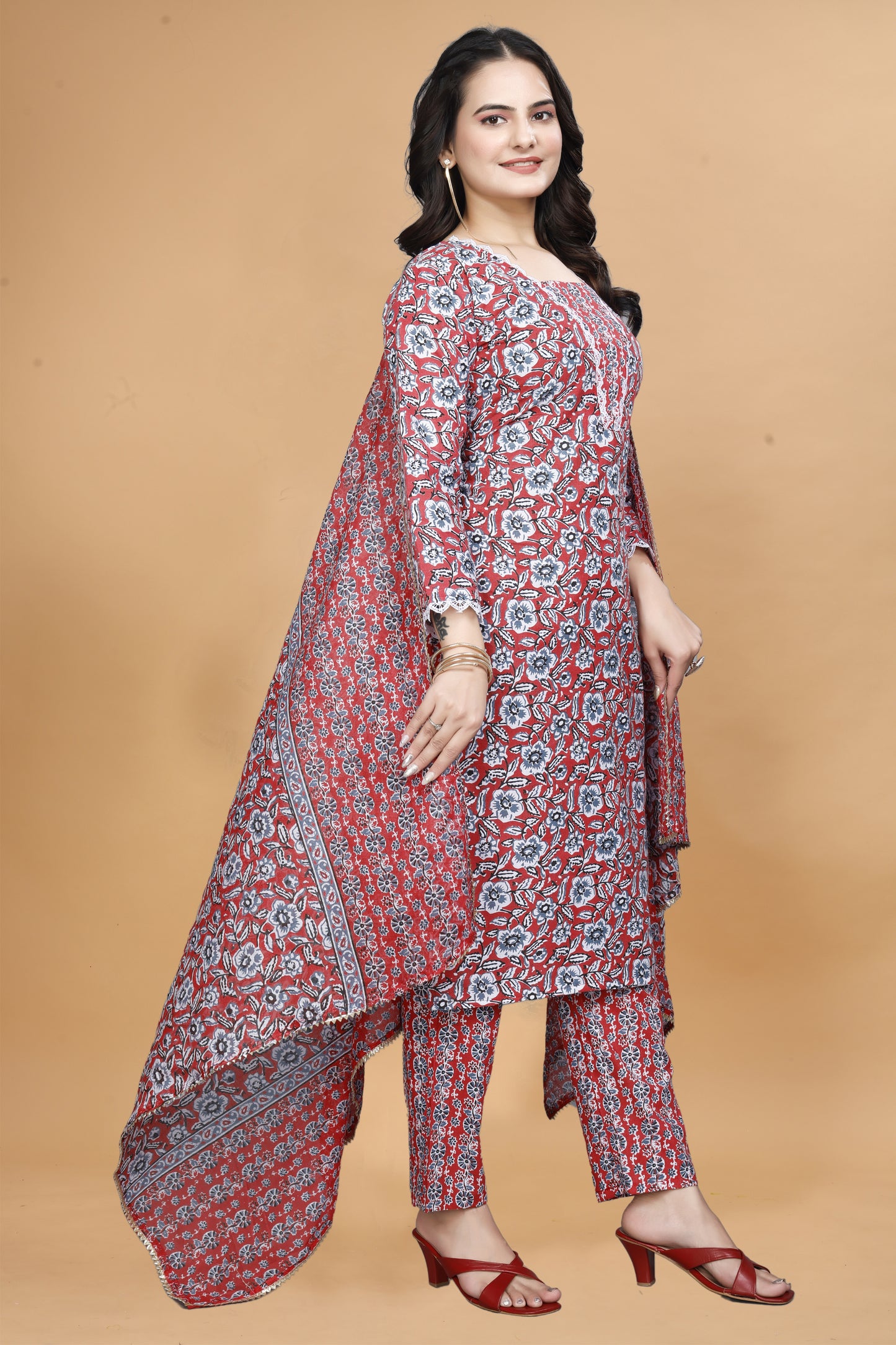 Red Cotton Kurta Pant Set with Floral Print & Dupatta