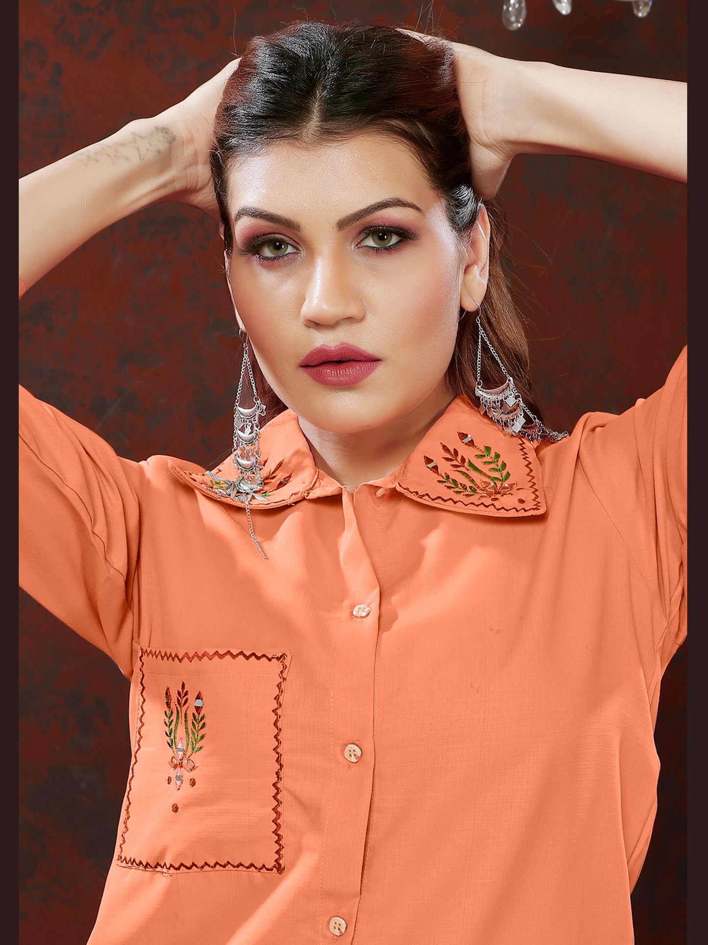 Peach Handwork Mirror Embellished Co-ord Set – Stylish Casual Office Wear for Women