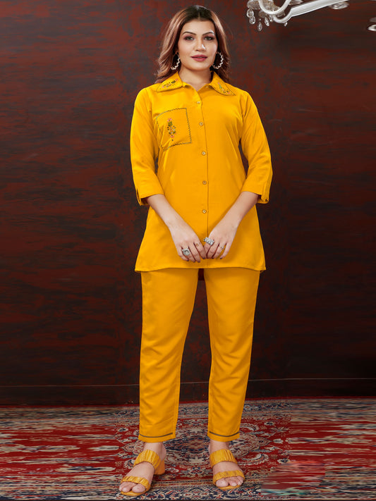 Yellow Handwork Mirror Embellished Co-ord Set – Stylish Casual Office Wear for Women