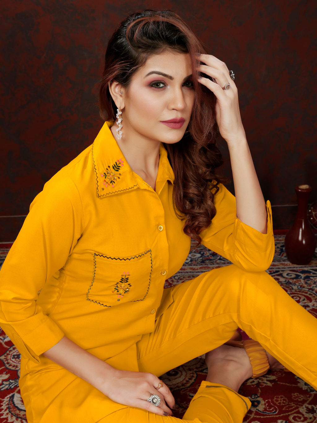 Yellow Handwork Mirror Embellished Co-ord Set – Stylish Casual Office Wear for Women