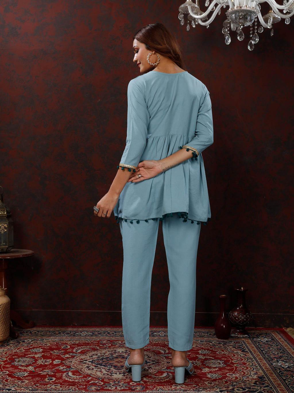 Blue Handwork Mirror Embellished Co-ord Set – Stylish Casual Office Wear for Women