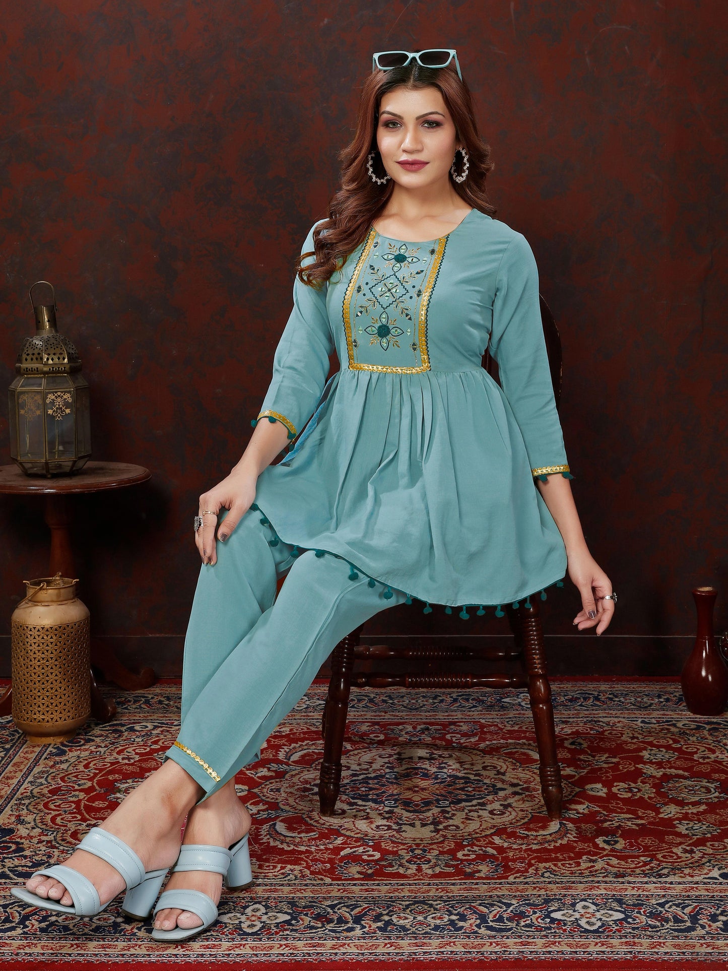 Blue Handwork Mirror Embellished Co-ord Set – Stylish Casual Office Wear for Women