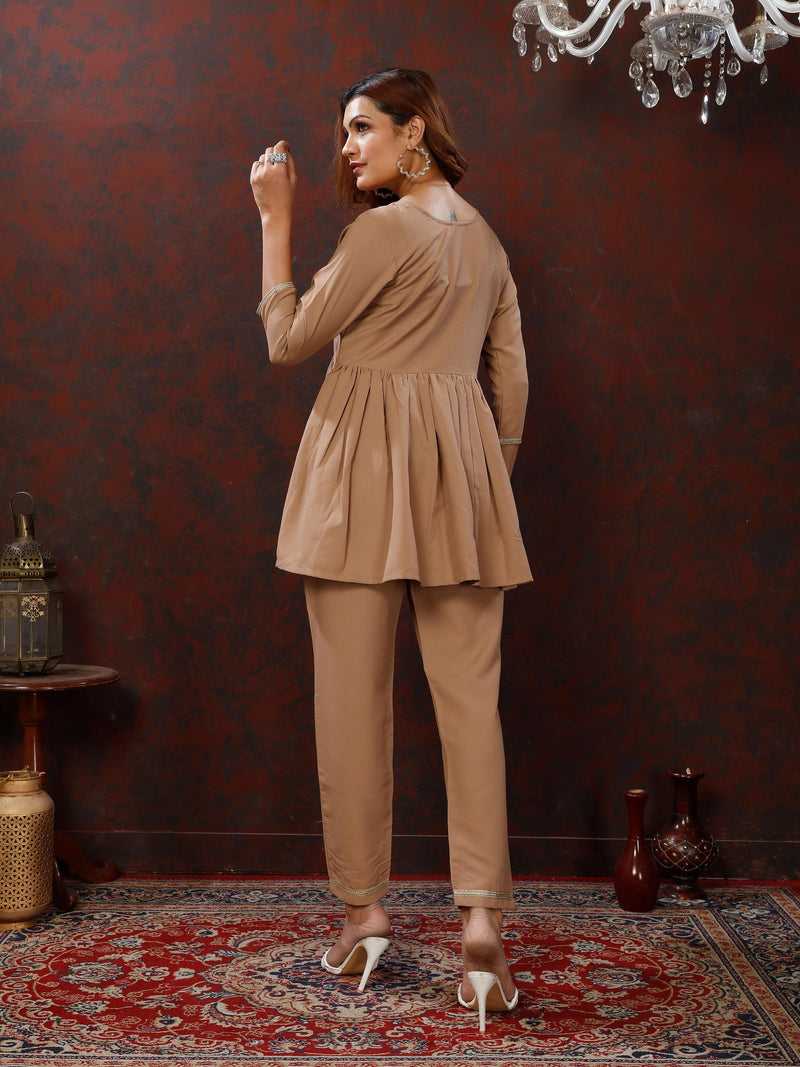 Brown Handwork Mirror Embellished Co-ord Set – Stylish Casual Office Wear for Women