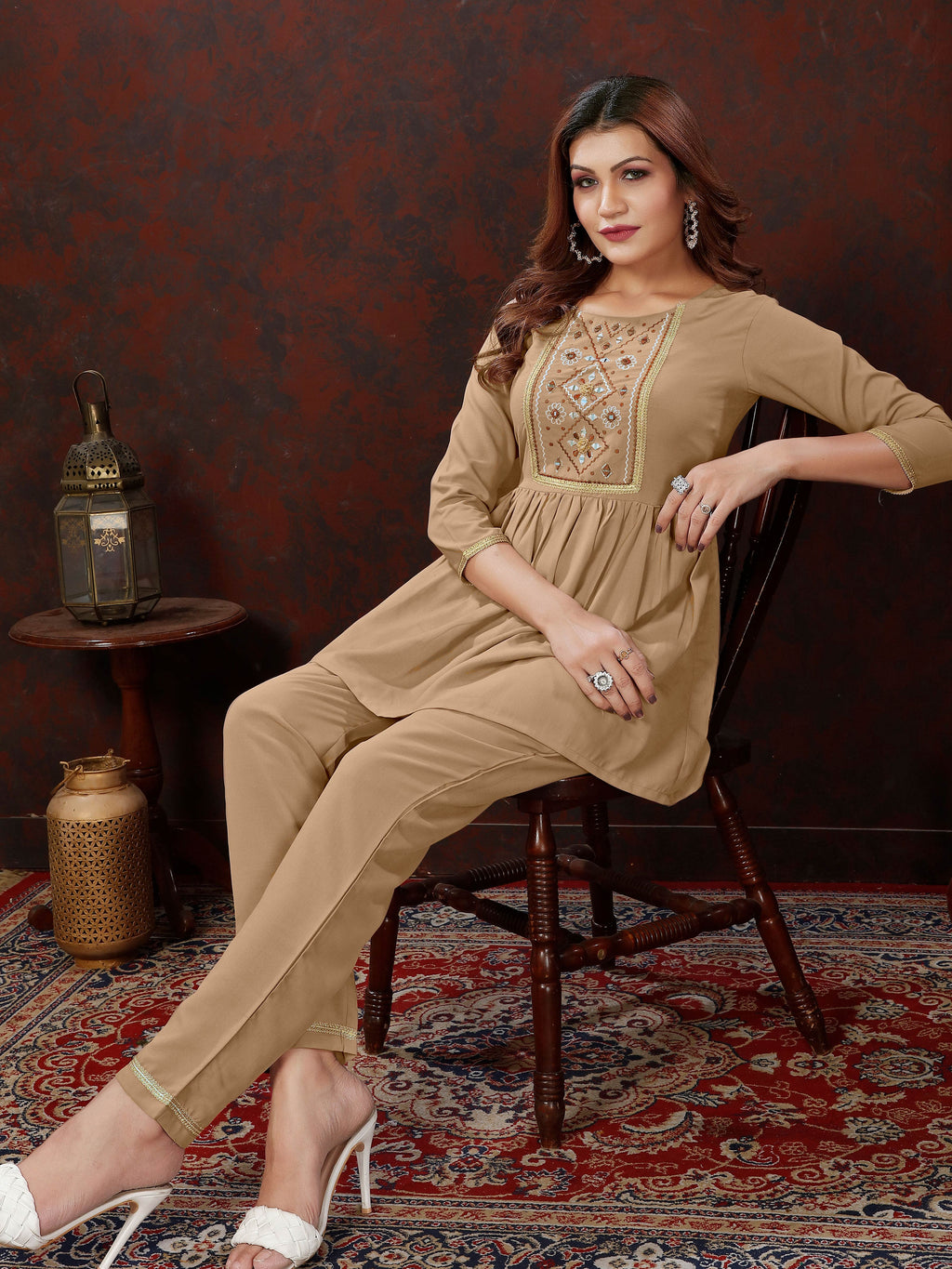 Brown Handwork Mirror Embellished Co-ord Set – Stylish Casual Office Wear for Women