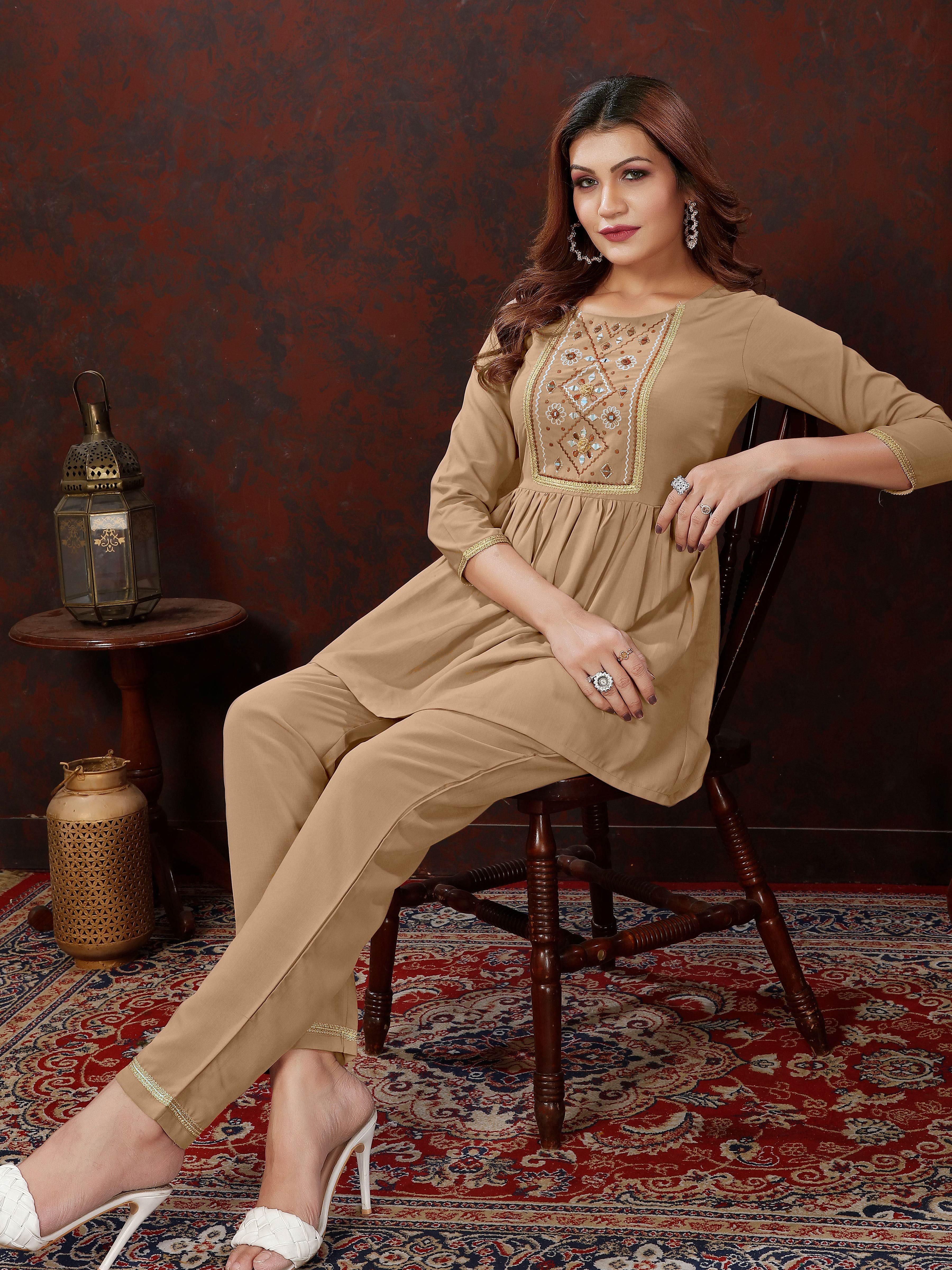 Brown Handwork Mirror Embellished Co-ord Set – Stylish Casual Office Wear for Women