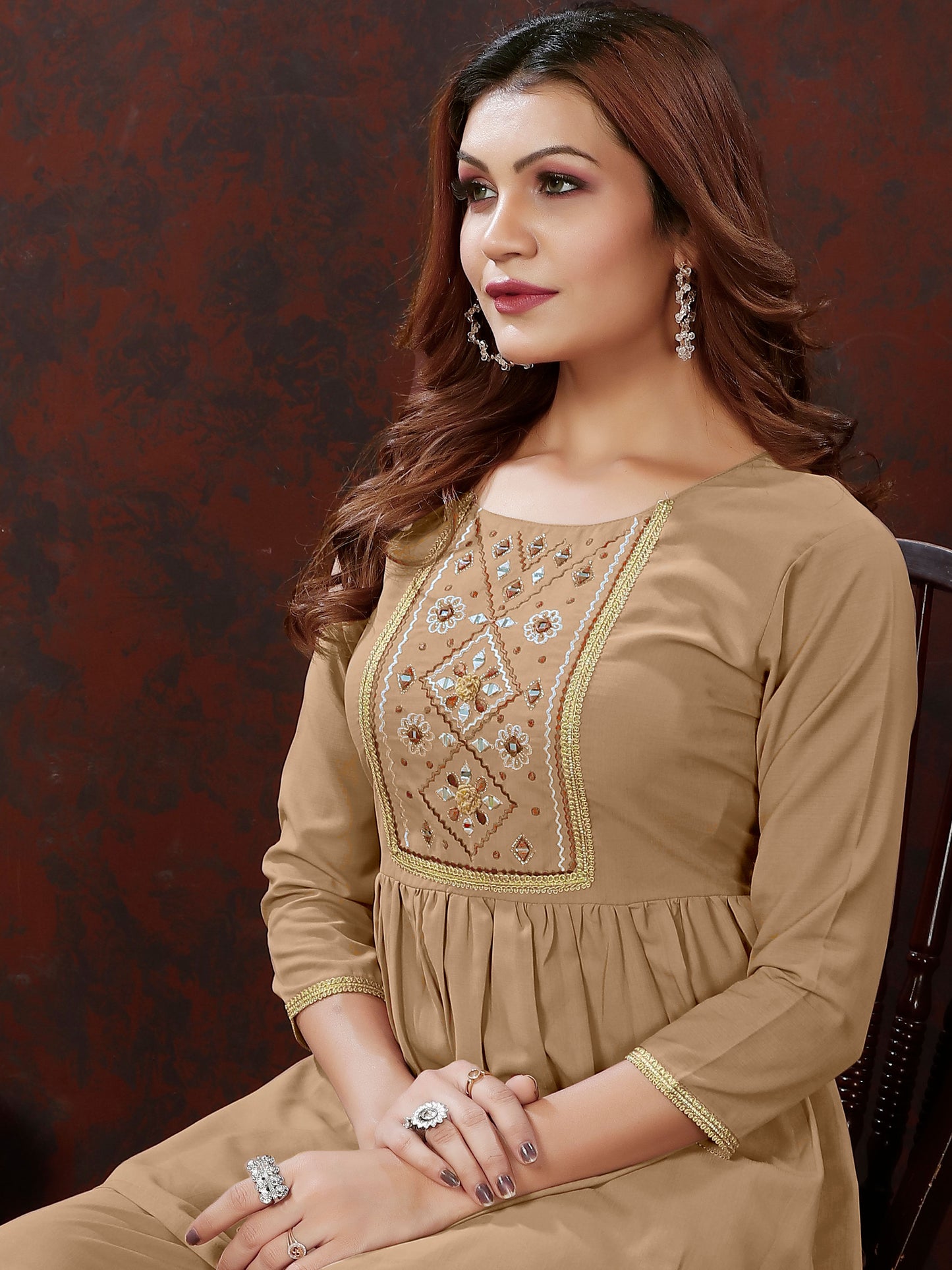 Brown Handwork Mirror Embellished Co-ord Set – Stylish Casual Office Wear for Women