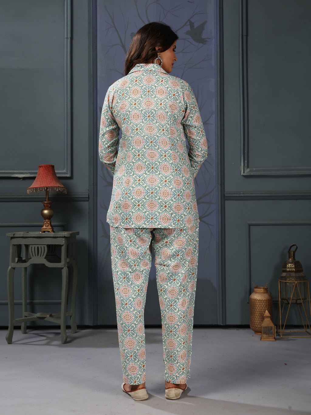 Blue Grey Printed Rayon Stylish Co-ord Sets for Office Daily Workwear Looks