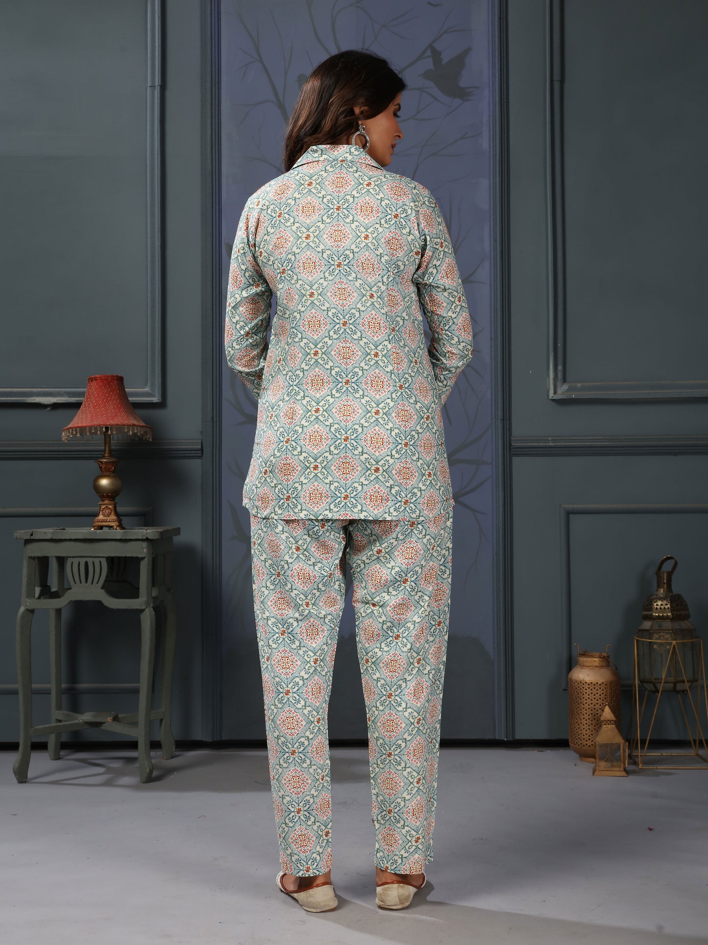 Blue Grey Printed Rayon Stylish Co-ord Sets for Office Daily Workwear Looks