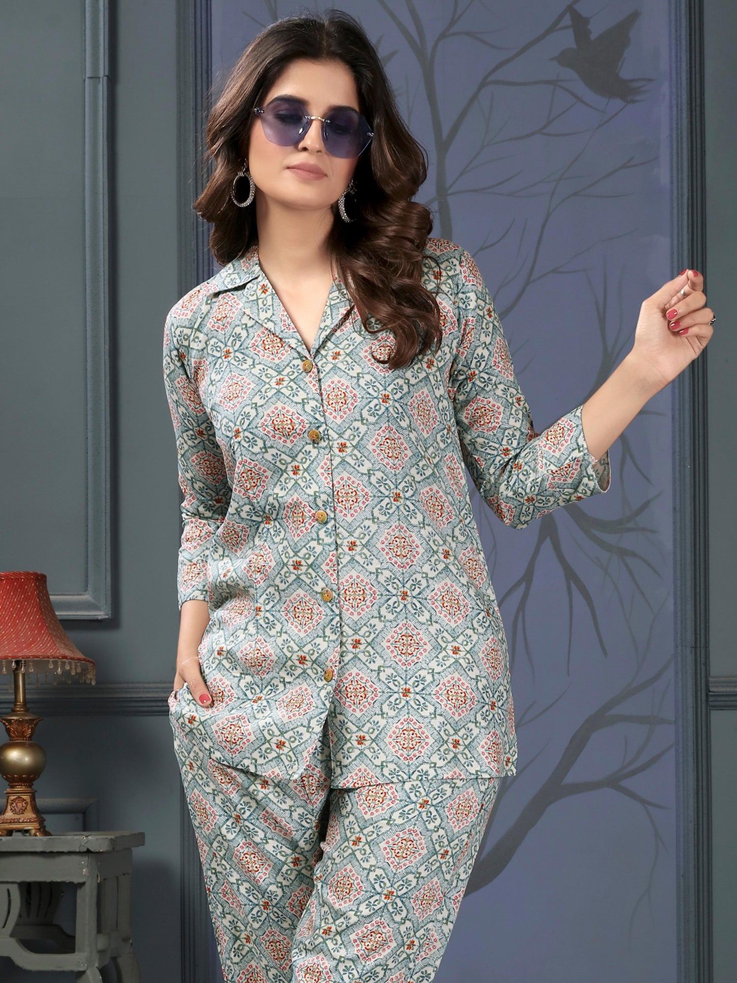 Blue Grey Printed Rayon Stylish Co-ord Sets for Office Daily Workwear Looks