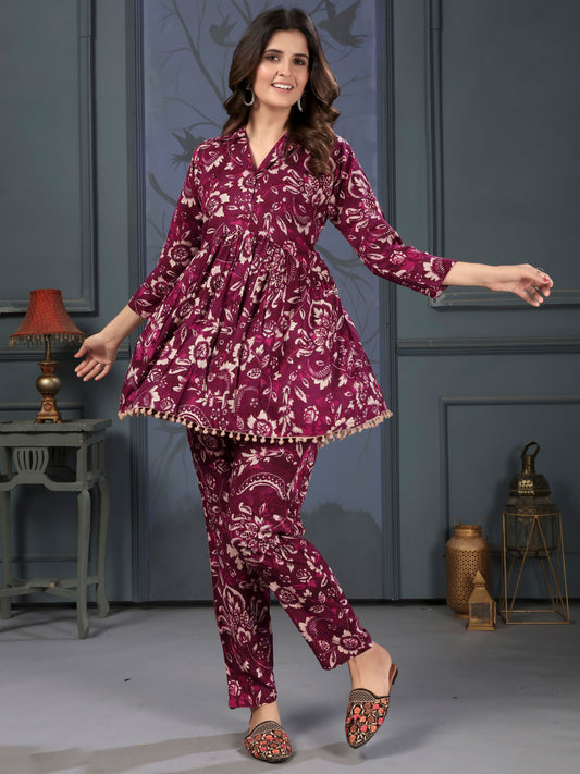 Magenta Floral Print Co-ords Set for Women – Stylish Daily & Office Wear