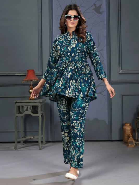 Navy Blue Floral Print Co-ords Set for Women – Stylish Daily & Office Wear