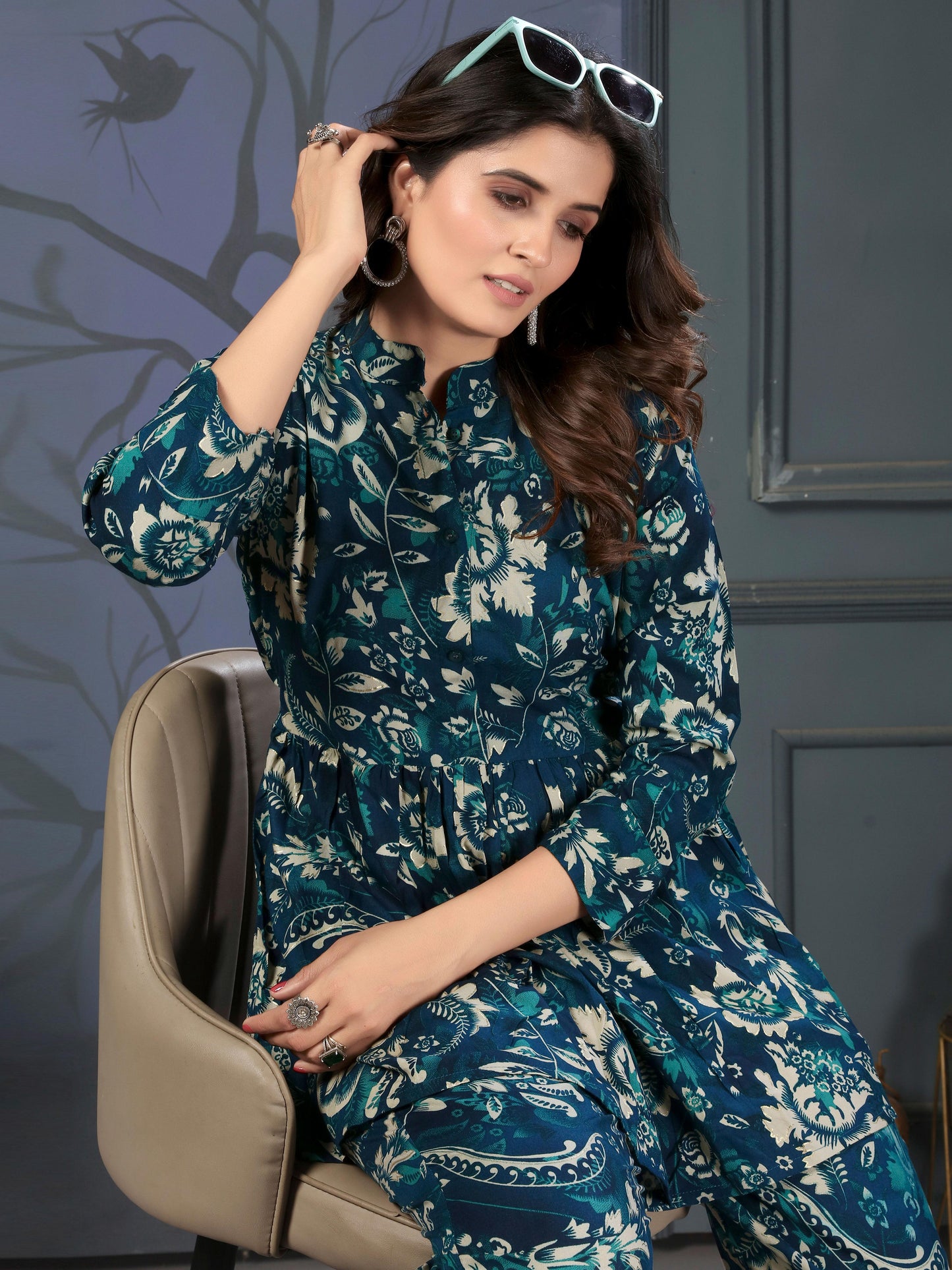 Navy Blue Floral Print Co-ords Set for Women – Stylish Daily & Office Wear