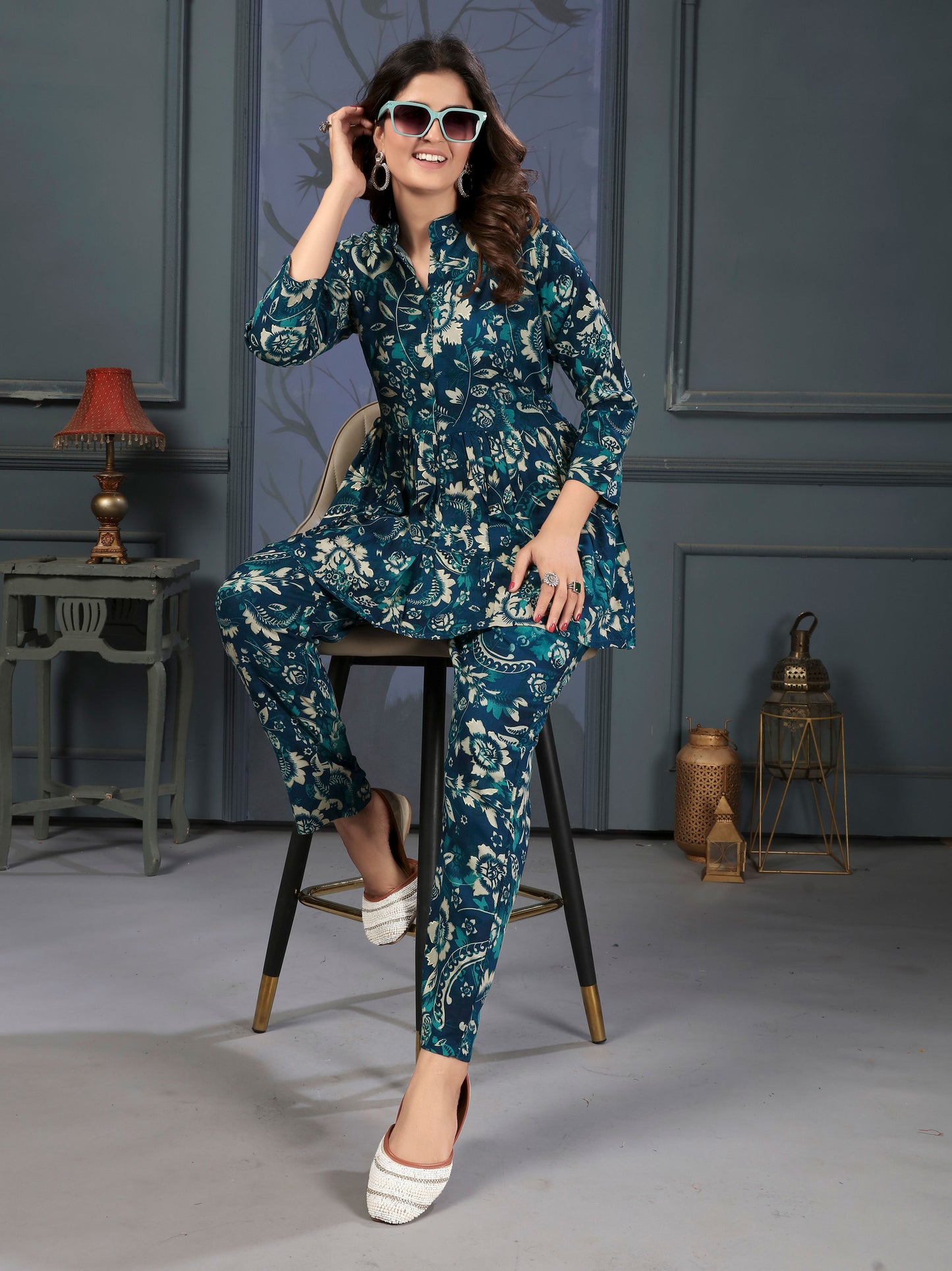 Navy Blue Floral Print Co-ords Set for Women – Stylish Daily & Office Wear
