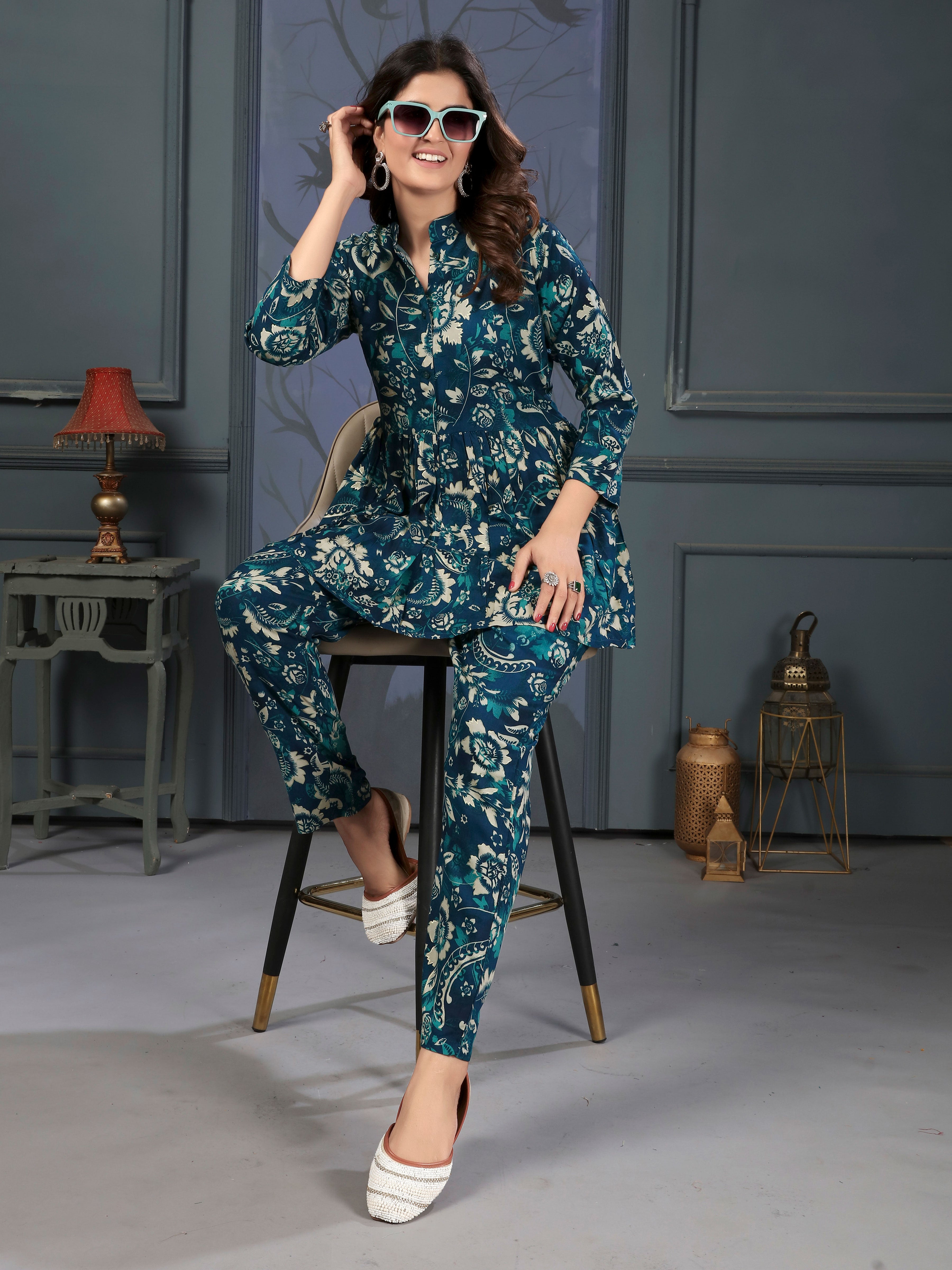 Navy Blue Floral Print Co-ords Set for Women – Stylish Daily & Office Wear