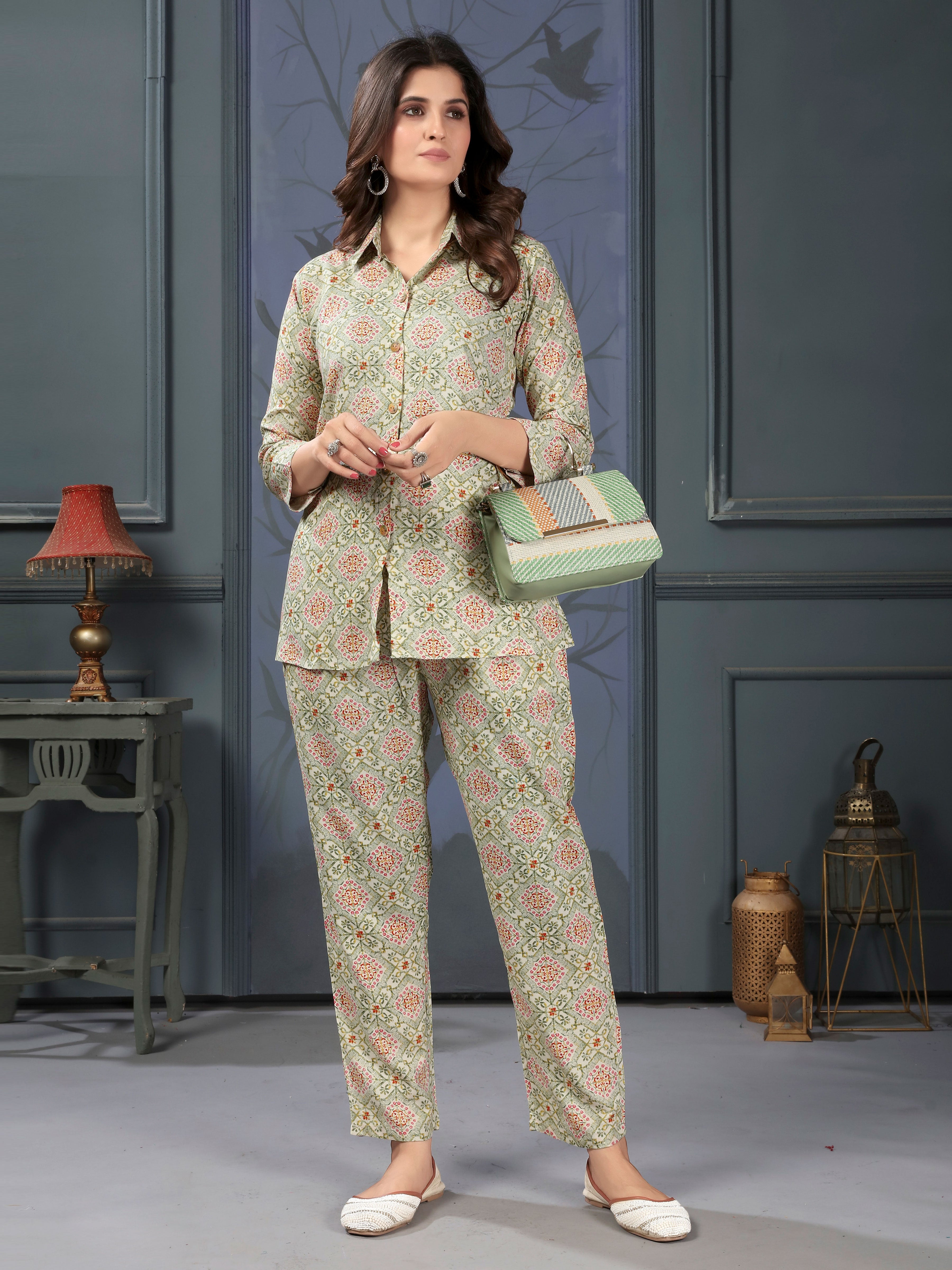 Brown Green Printed Rayon Stylish Co-ord Sets for Office Daily Workwear Looks