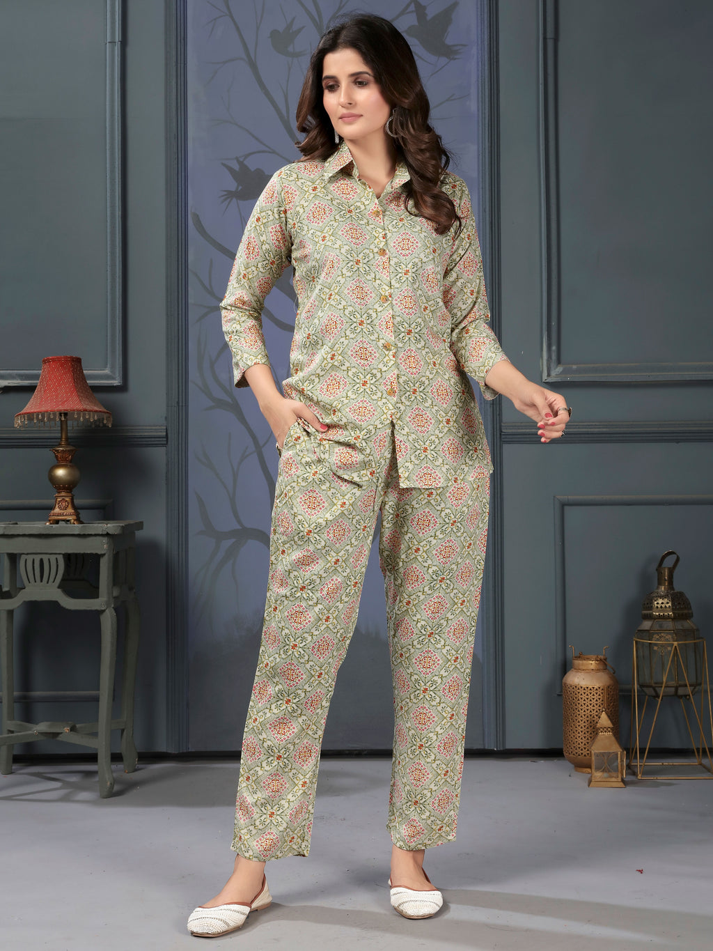 Brown Green Printed Rayon Stylish Co-ord Sets for Office Daily Workwear Looks