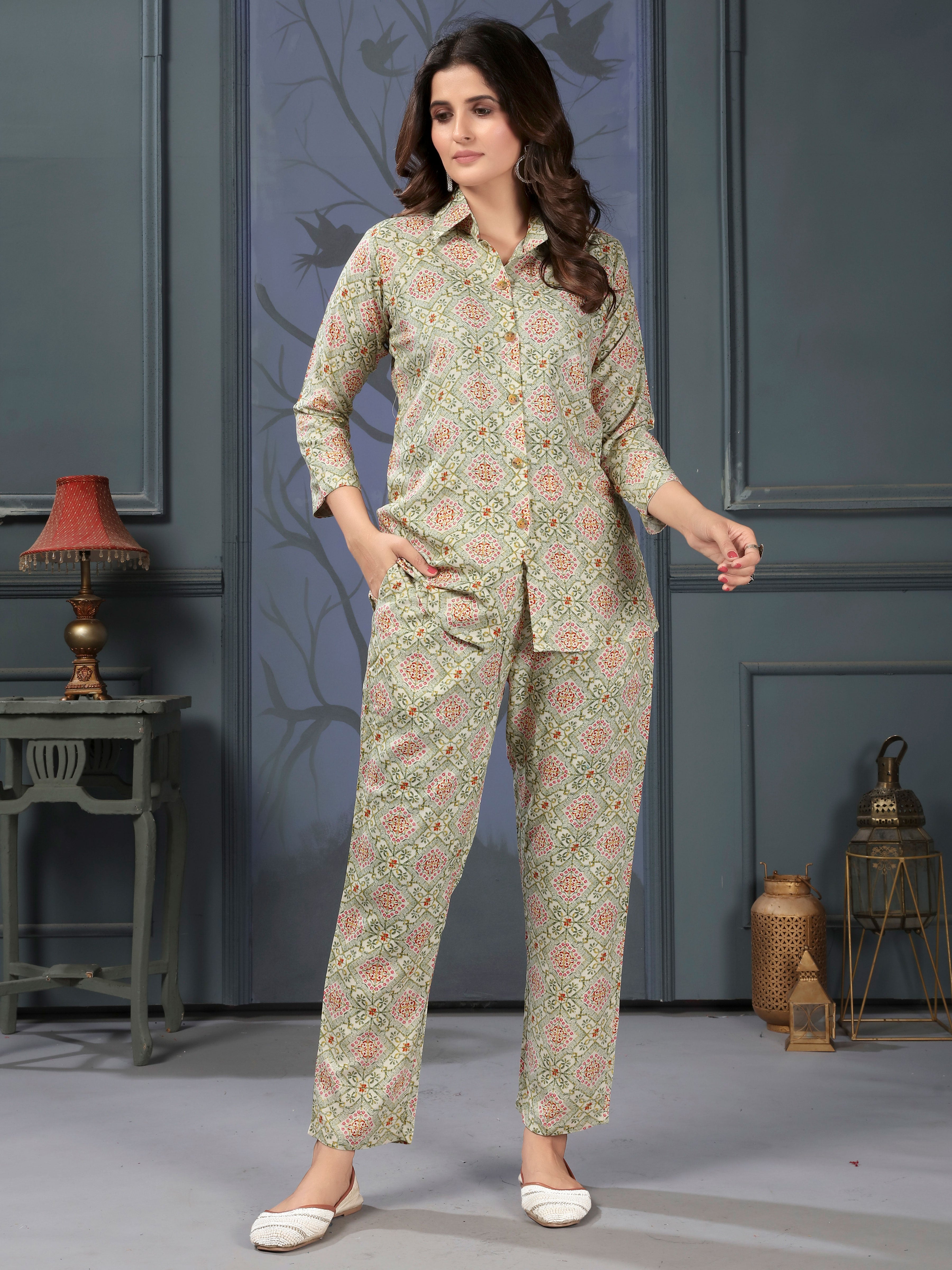 Brown Green Printed Rayon Stylish Co-ord Sets for Office Daily Workwear Looks