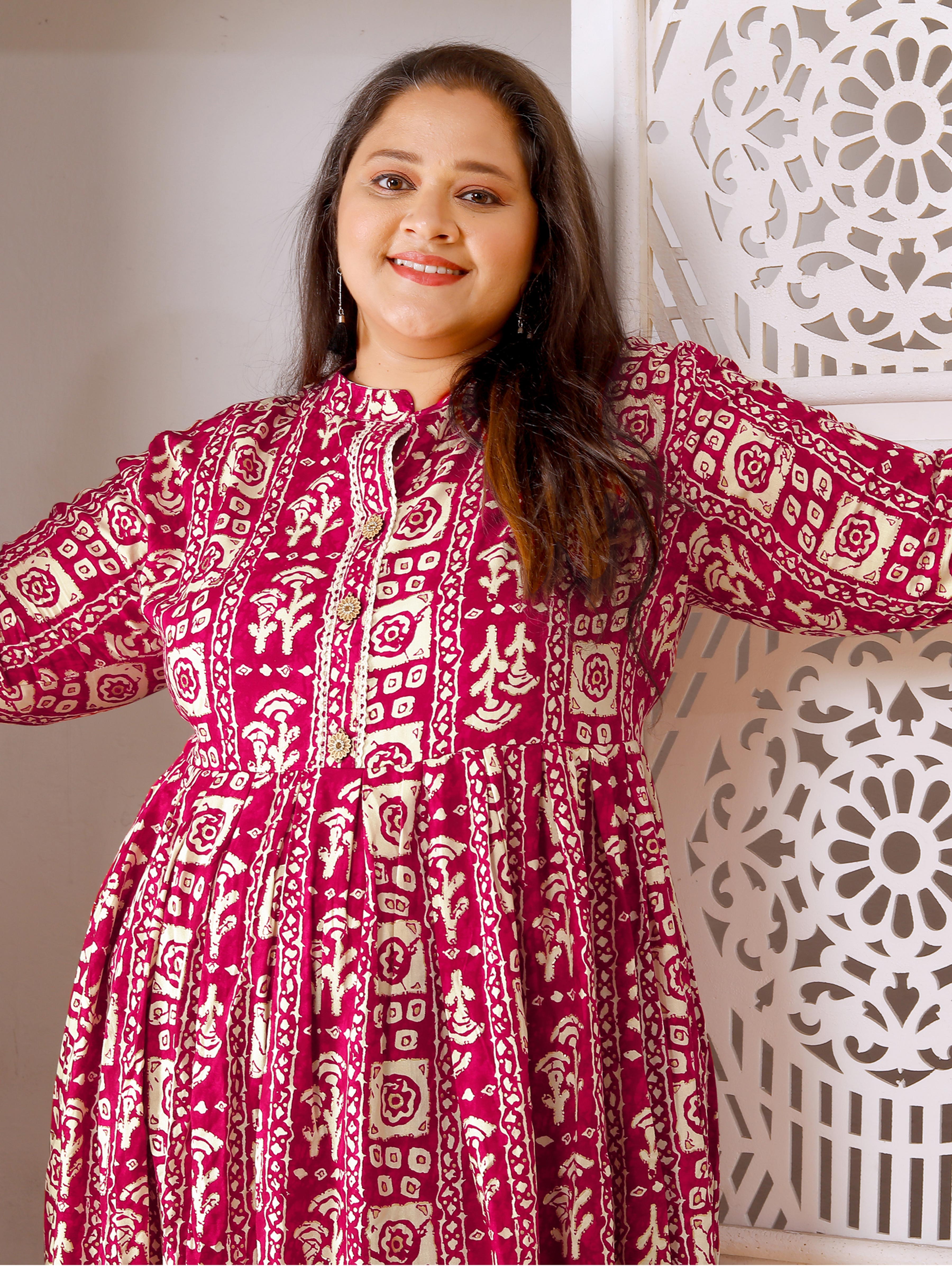 Pinkish Red Plus Size Printed Maxi Gown – Elegant Long Dress for Women