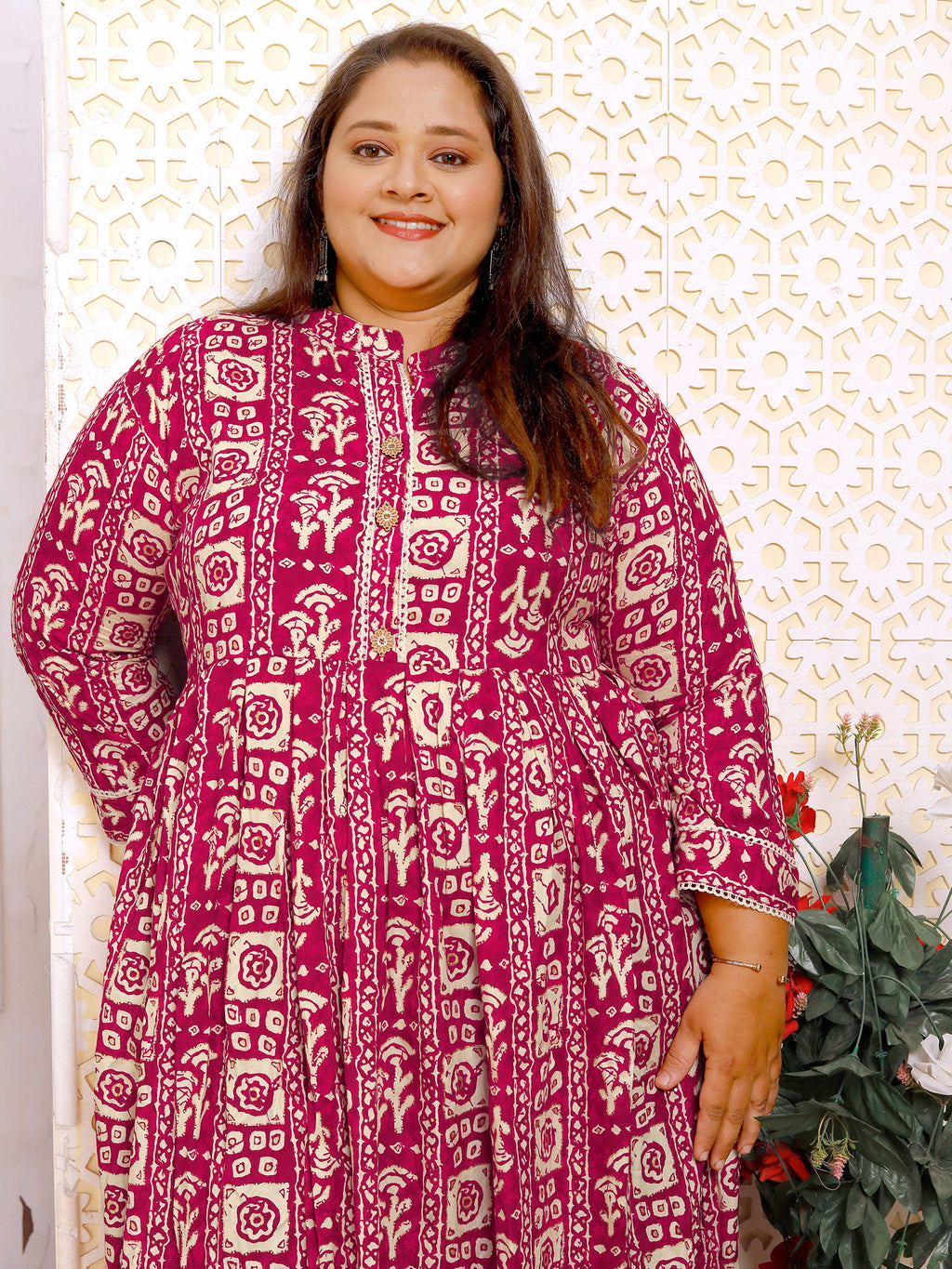 Pinkish Red Plus Size Printed Maxi Gown – Elegant Long Dress for Women
