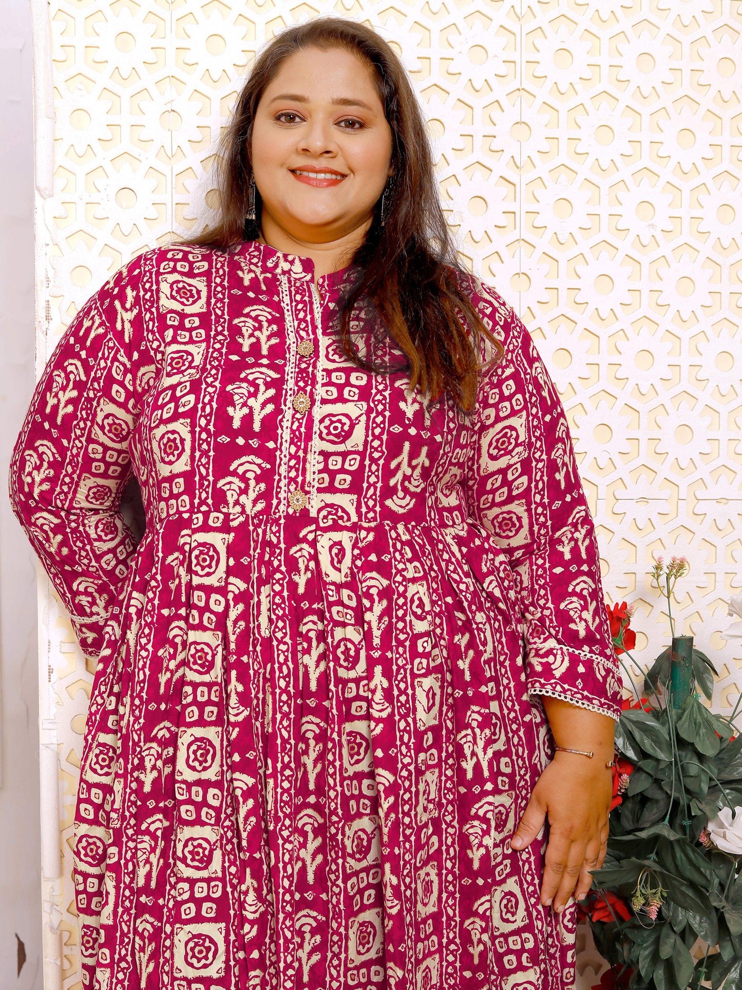 Pinkish Red Plus Size Printed Maxi Gown – Elegant Long Dress for Women