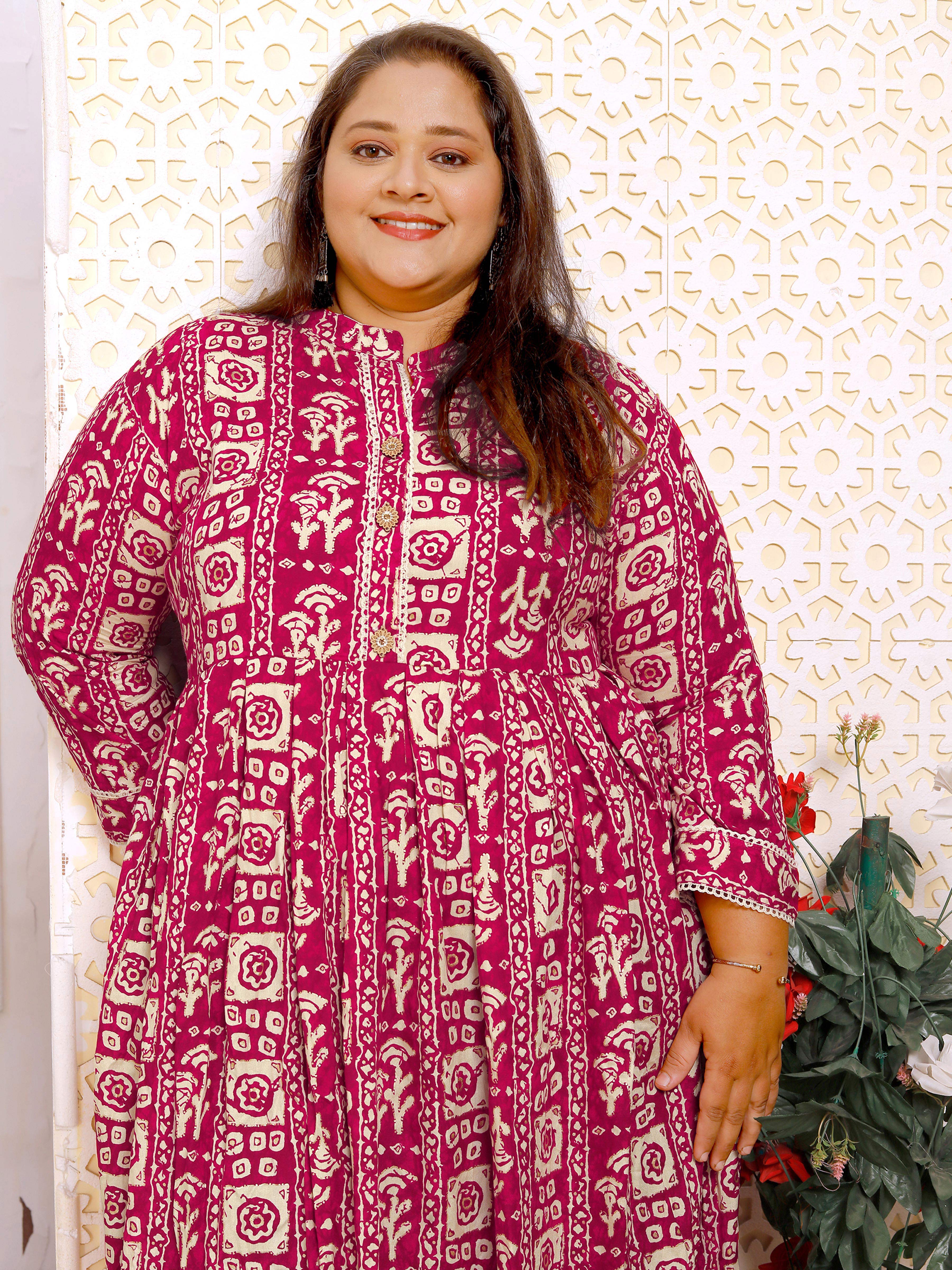 Pinkish Red Plus Size Printed Maxi Gown – Elegant Long Dress for Women